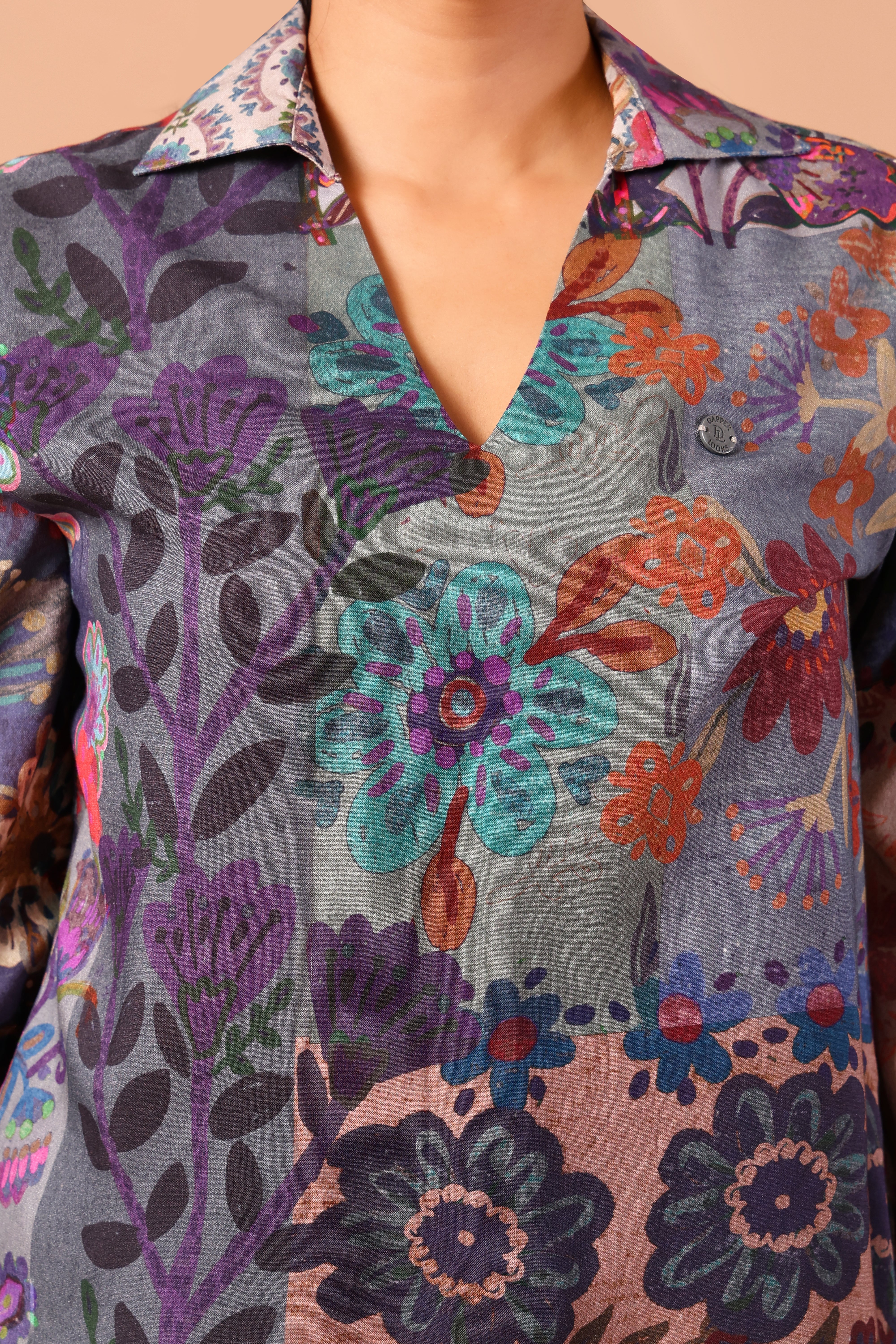 Women's Premium Rayon Long-Sleeve Formal Shirt-Style Top (Multi-Print)