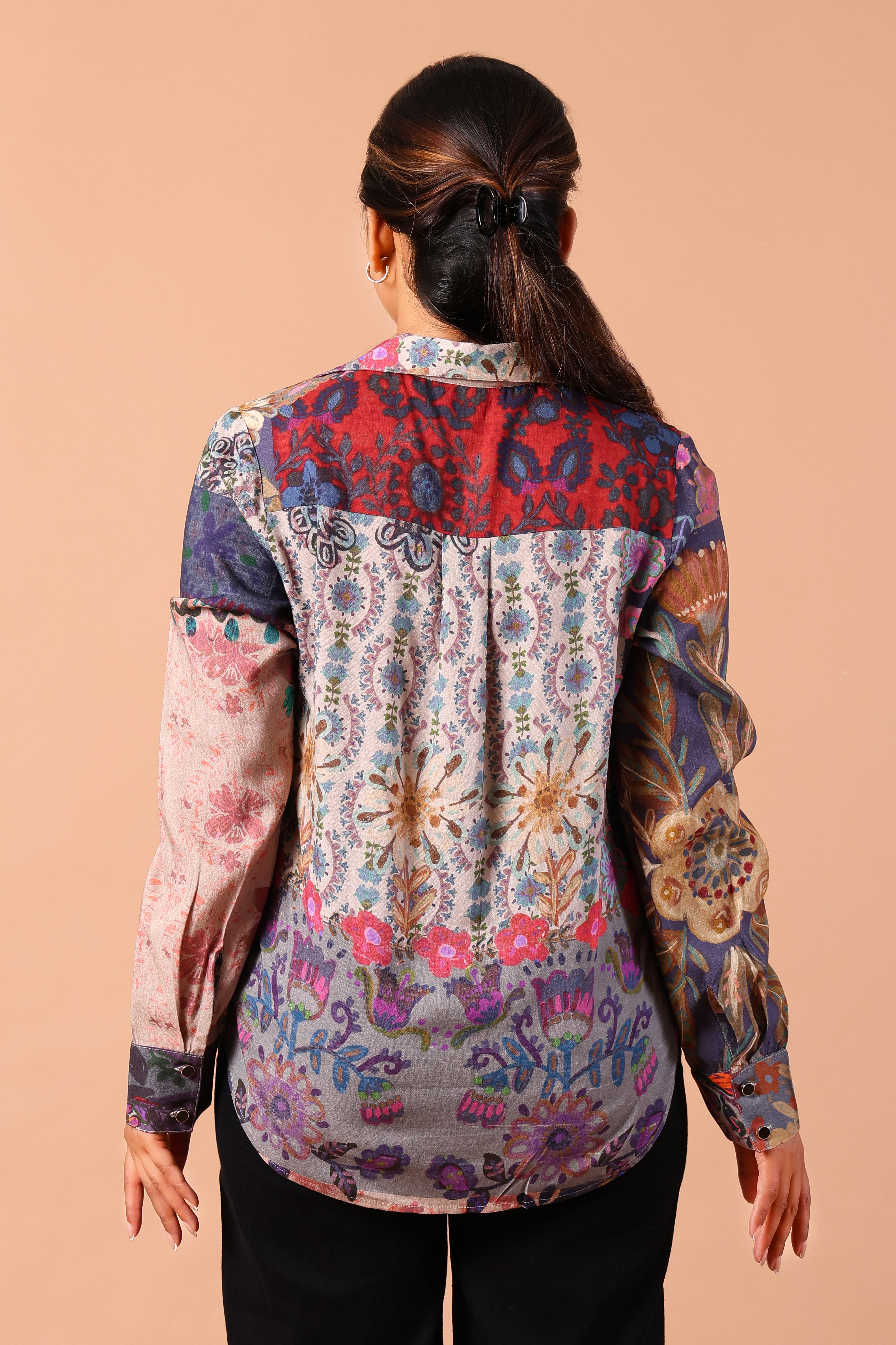 Women's Premium Rayon Long-Sleeve Formal Shirt-Style Top (Multi-Print)