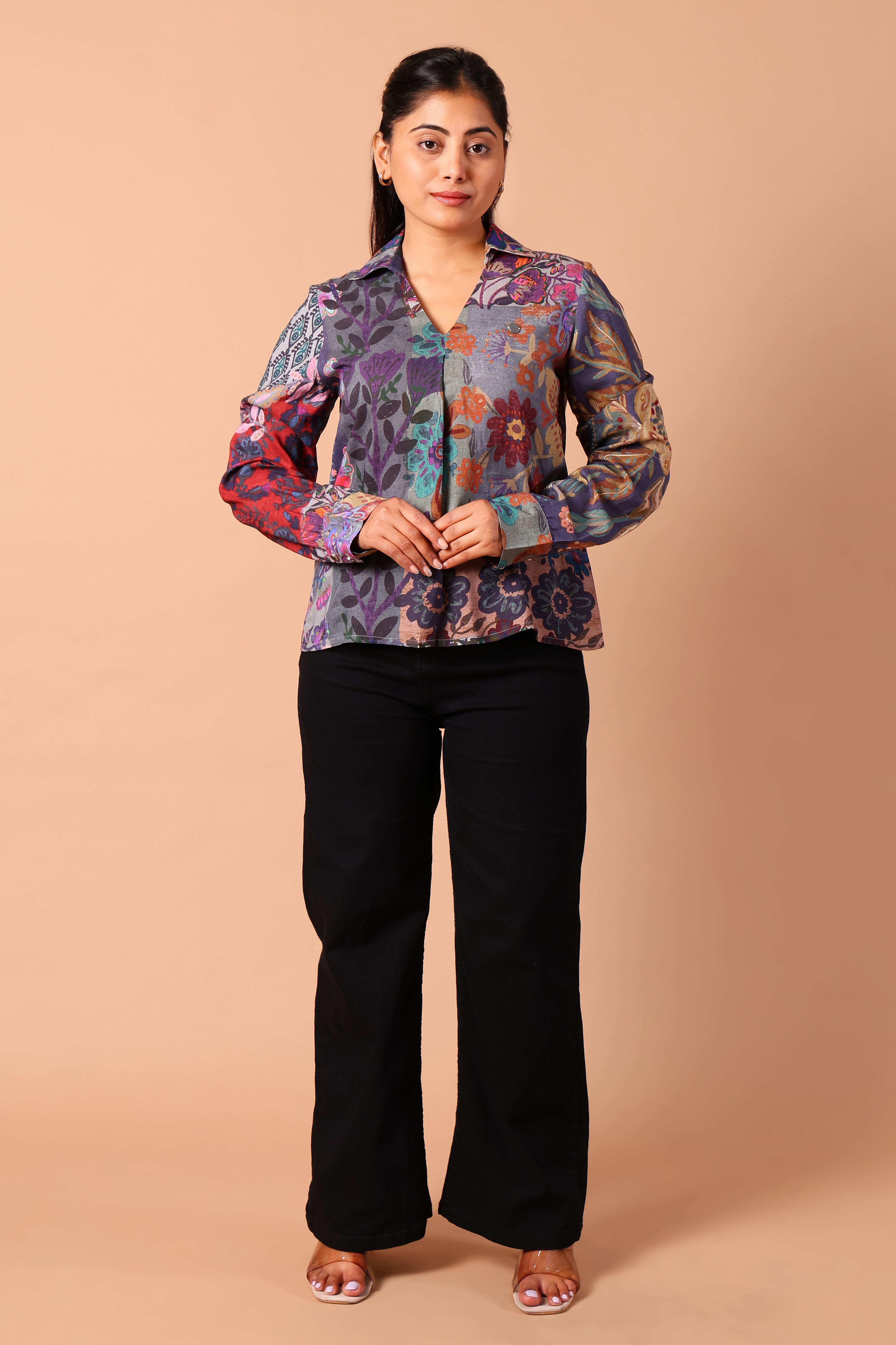 Women's Premium Rayon Long-Sleeve Shirt-Style Formal Top (Multi-Colour Floral)