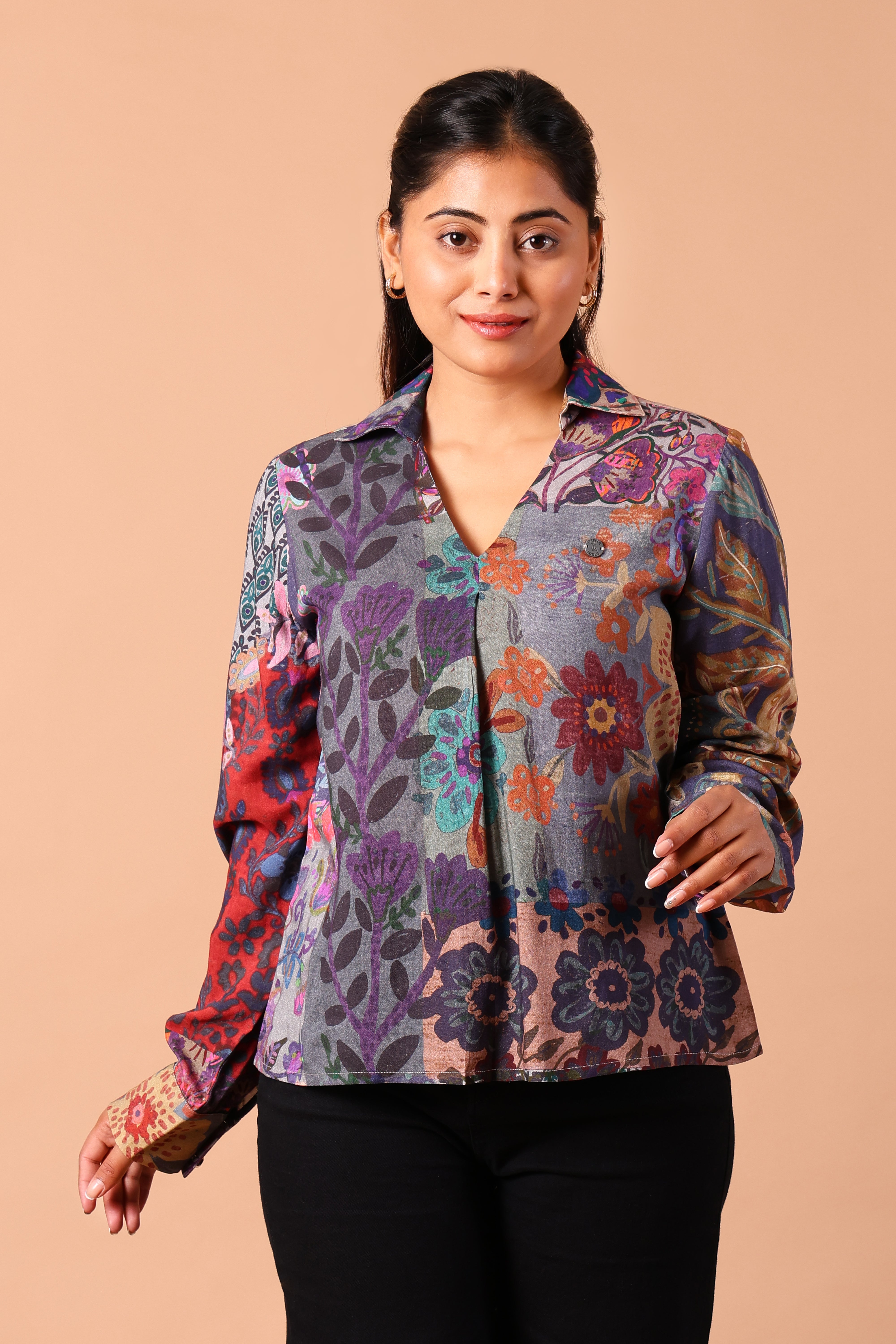 Women's Premium Rayon Long-Sleeve Shirt-Style Formal Top (Multi-Colour Floral)