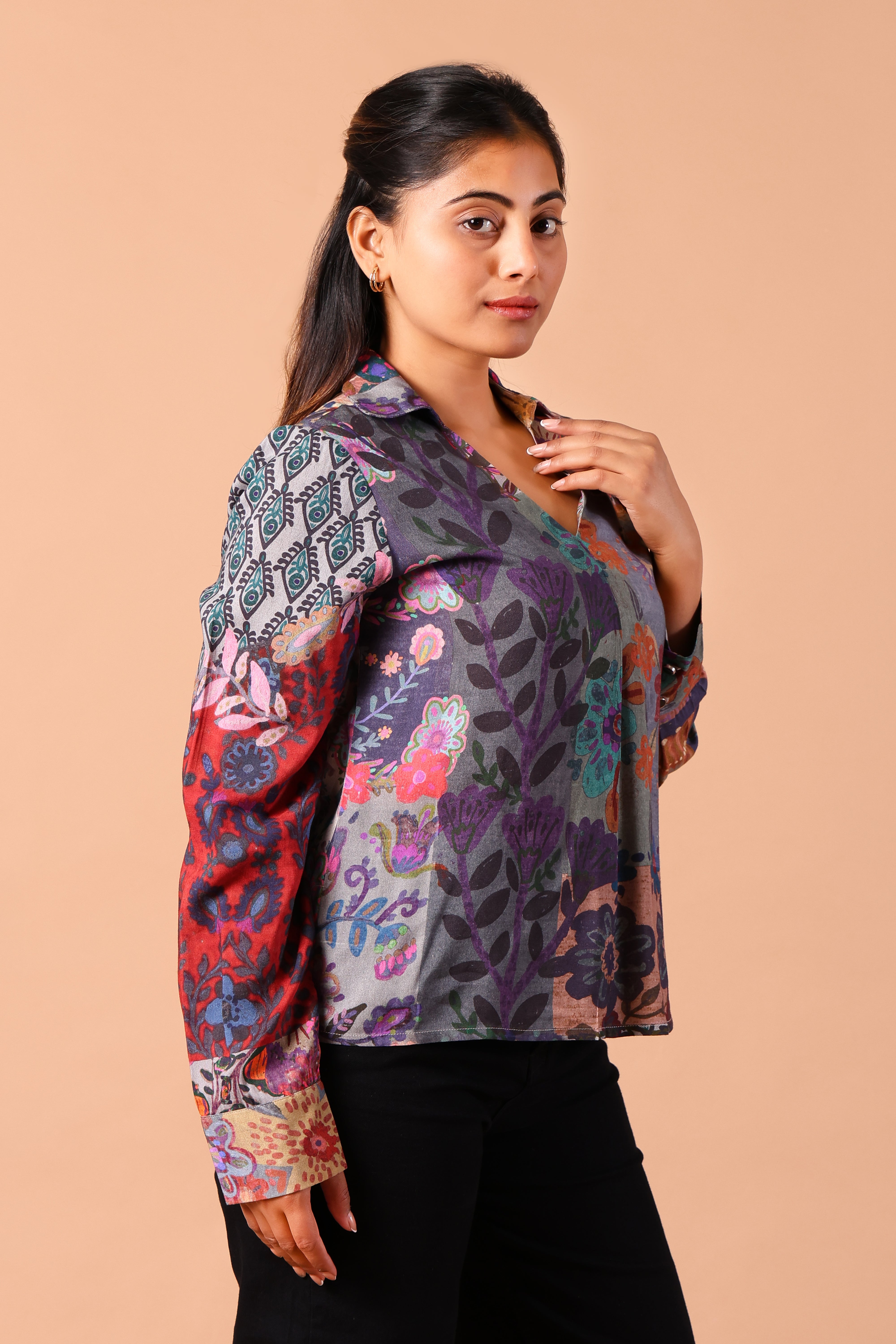 Women's Premium Rayon Long-Sleeve Shirt-Style Formal Top (Multi-Colour Floral)
