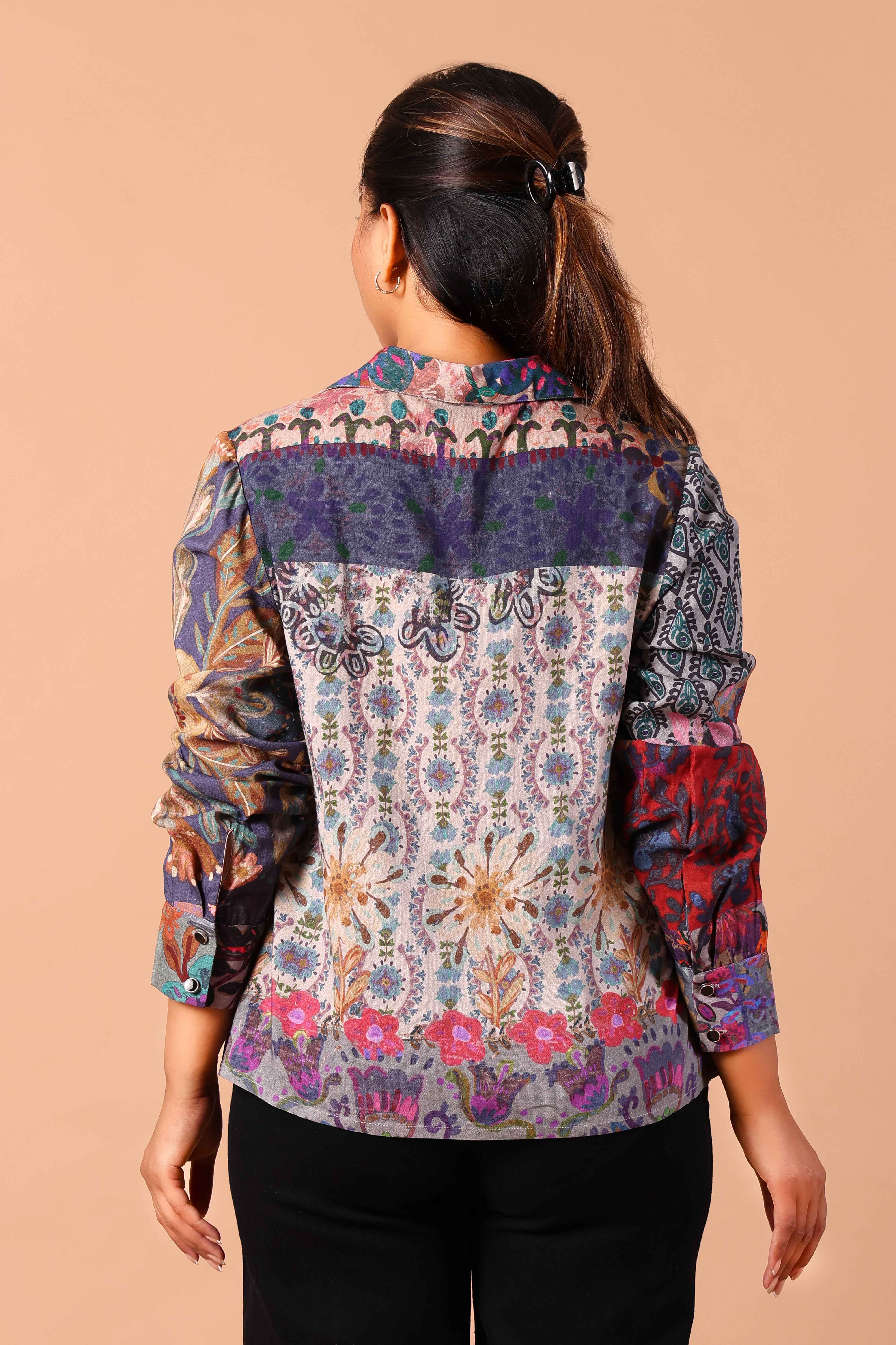 Women's Premium Rayon Long-Sleeve Shirt-Style Formal Top (Multi-Colour Floral)