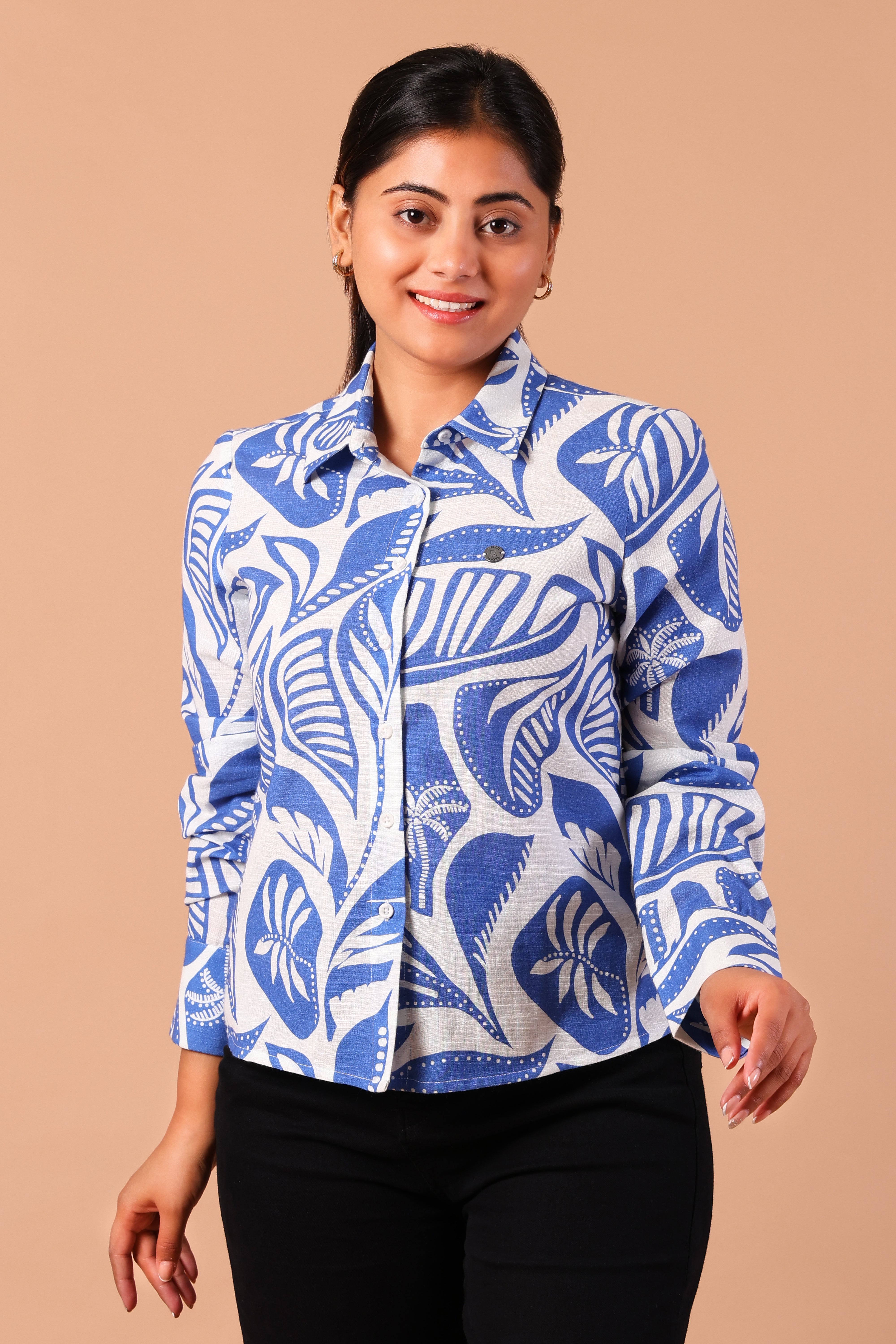 Blue Printed Cotton Linen Collar Shirt-Printed