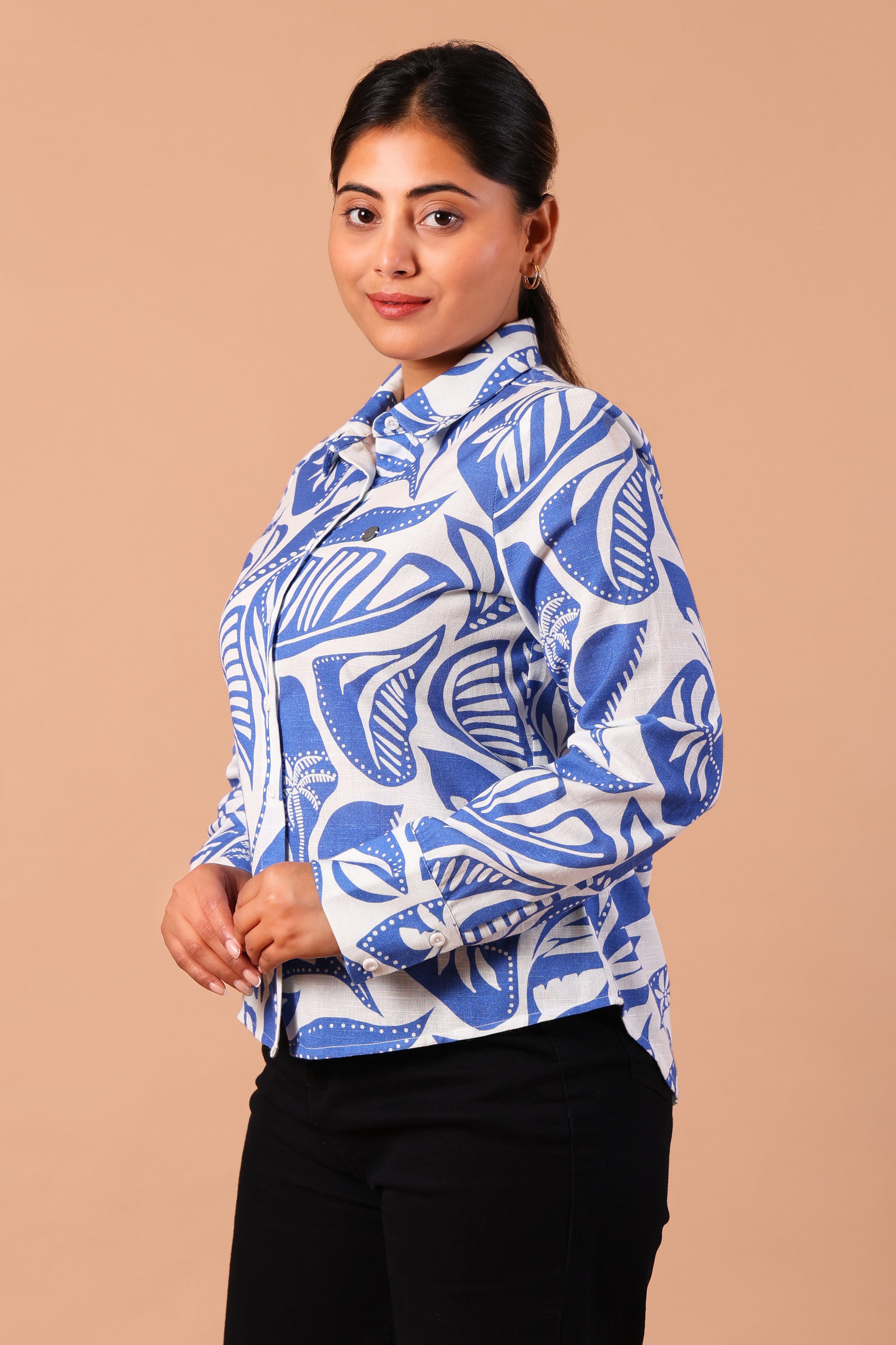 Blue Printed Cotton Linen Collar Shirt-Printed