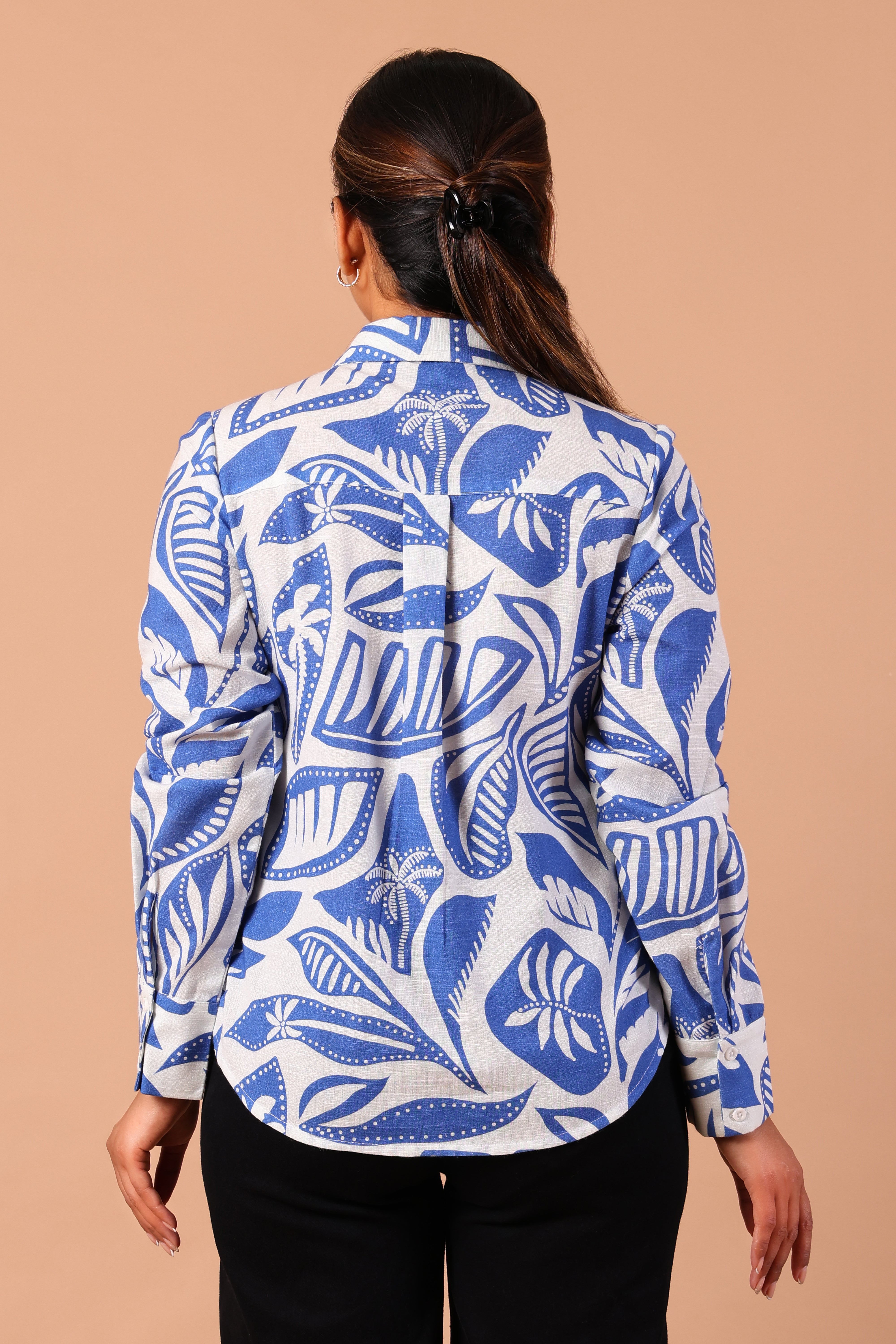 Blue Printed Cotton Linen Collar Shirt-Printed