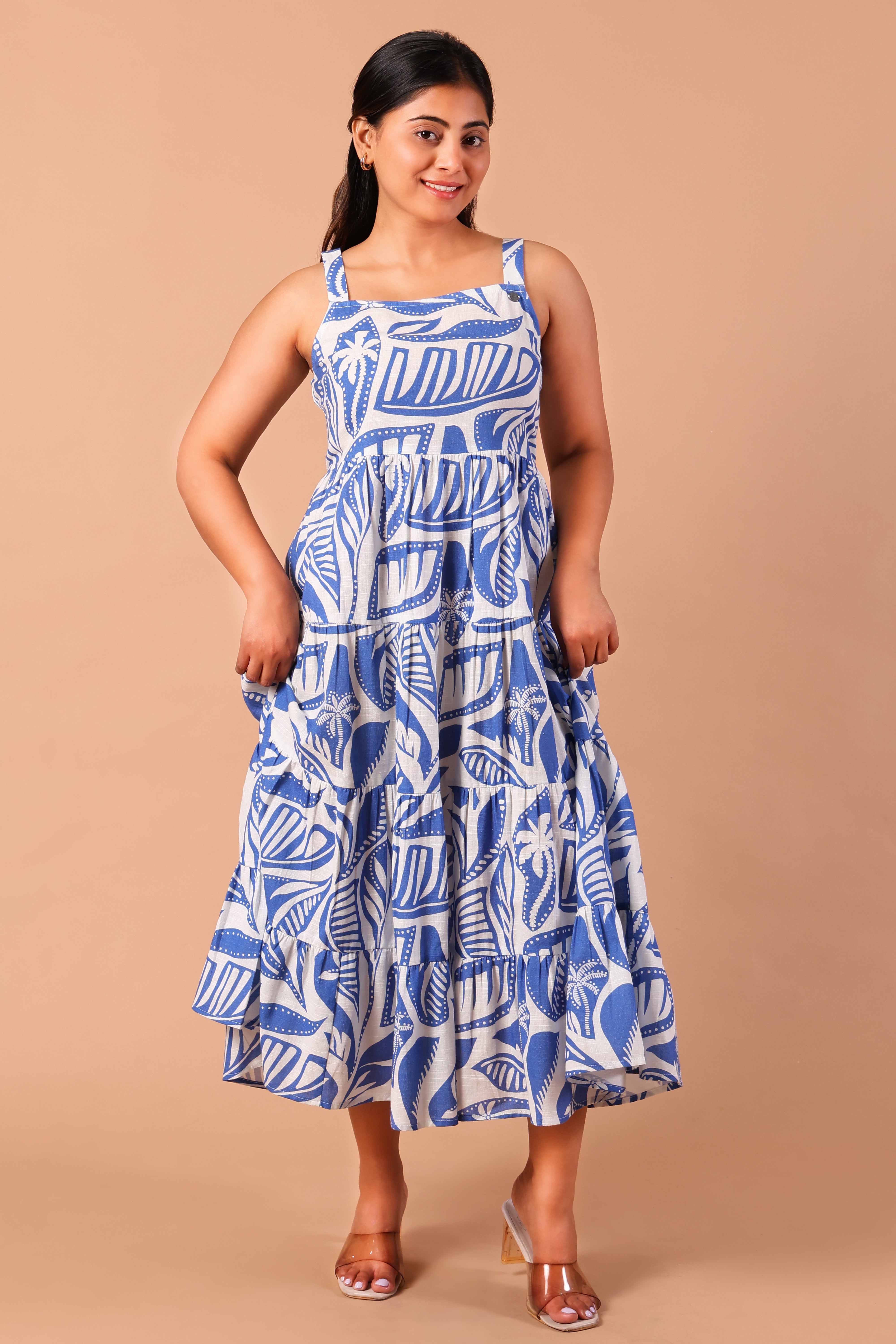 Shoulder Strap Flare Dress- Multi Print