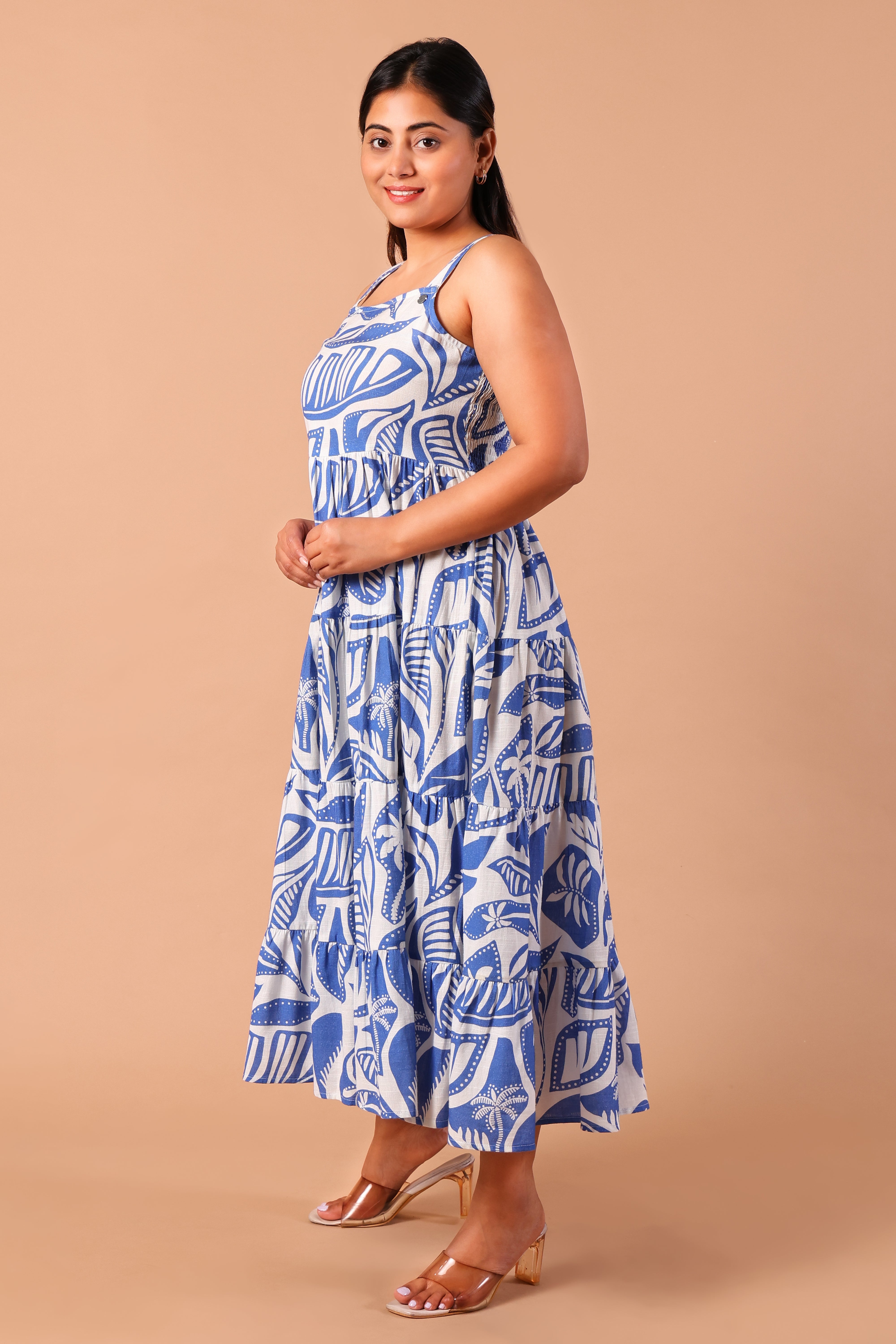 Shoulder Strap Flare Dress- Multi Print