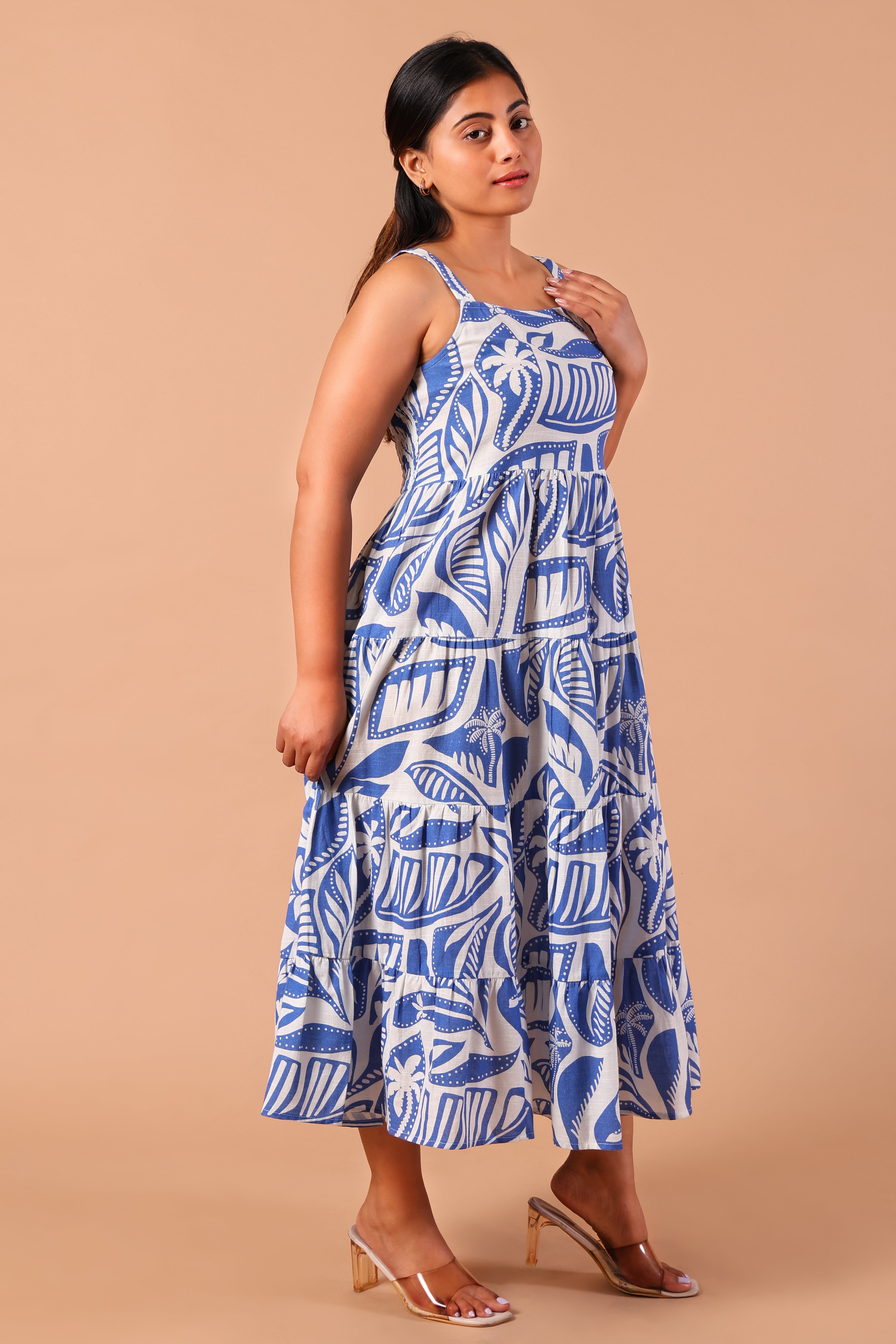 Shoulder Strap Flare Dress- Multi Print