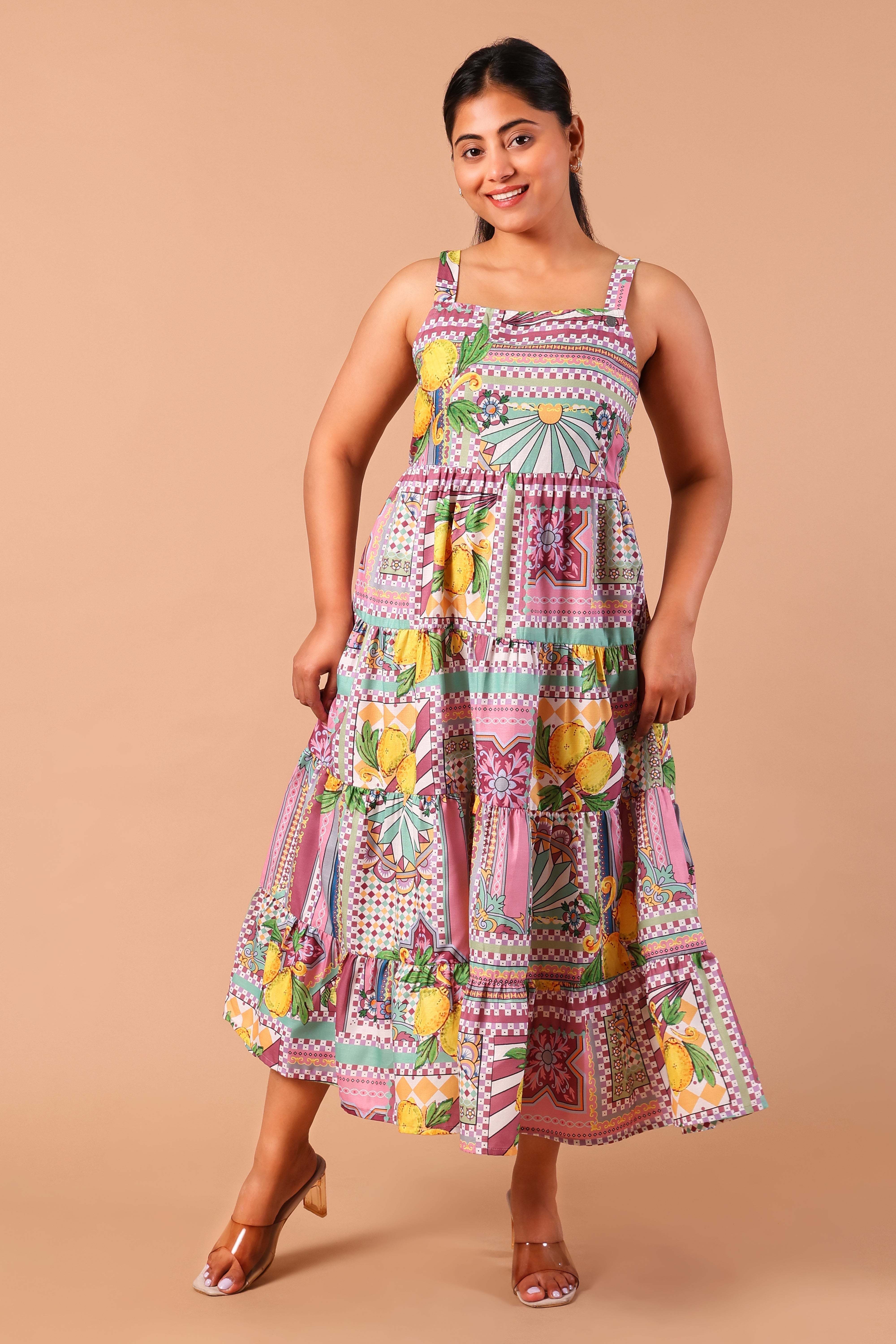 Shoulder Strap Flare Dress- Multi Print