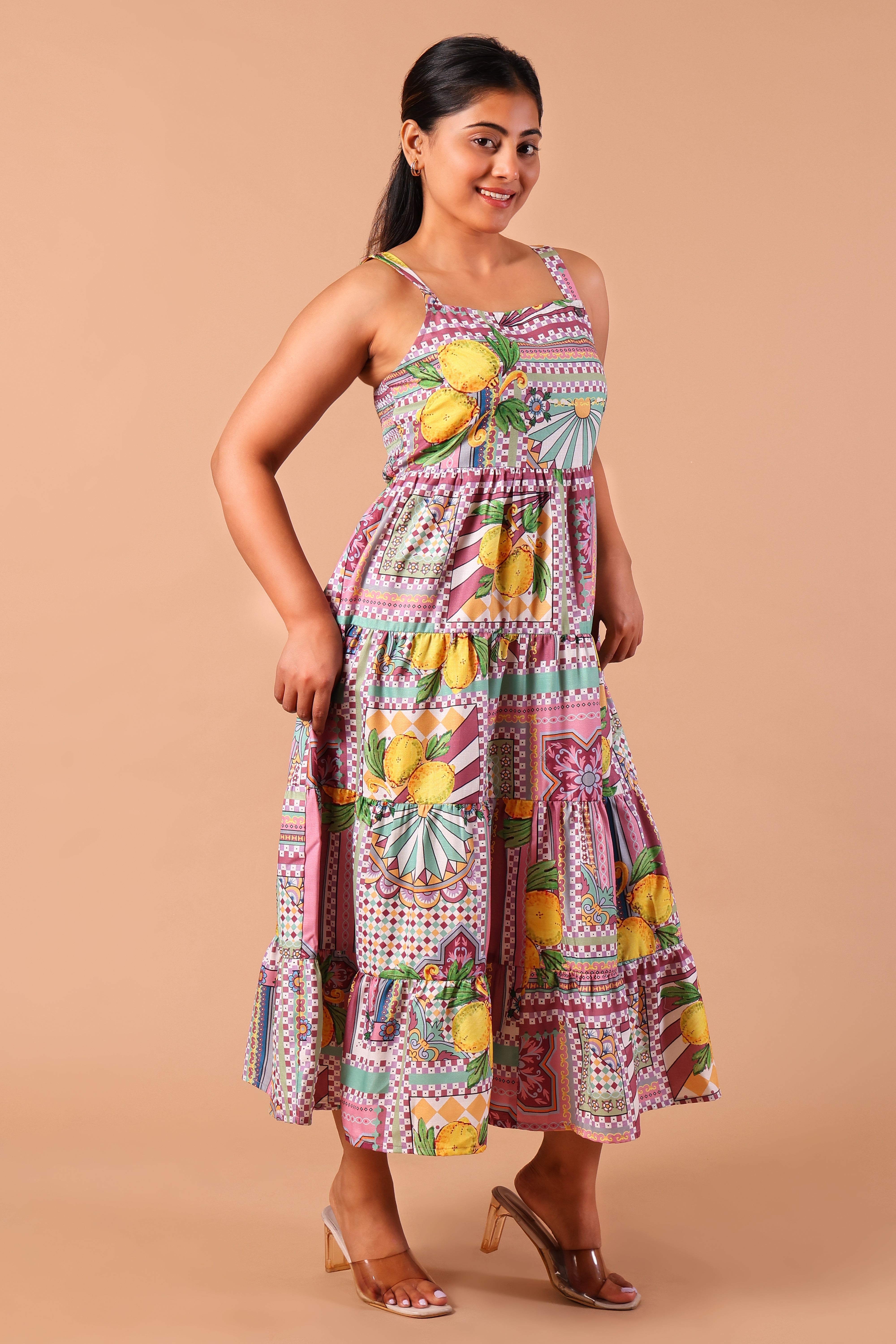 Shoulder Strap Flare Dress- Multi Print