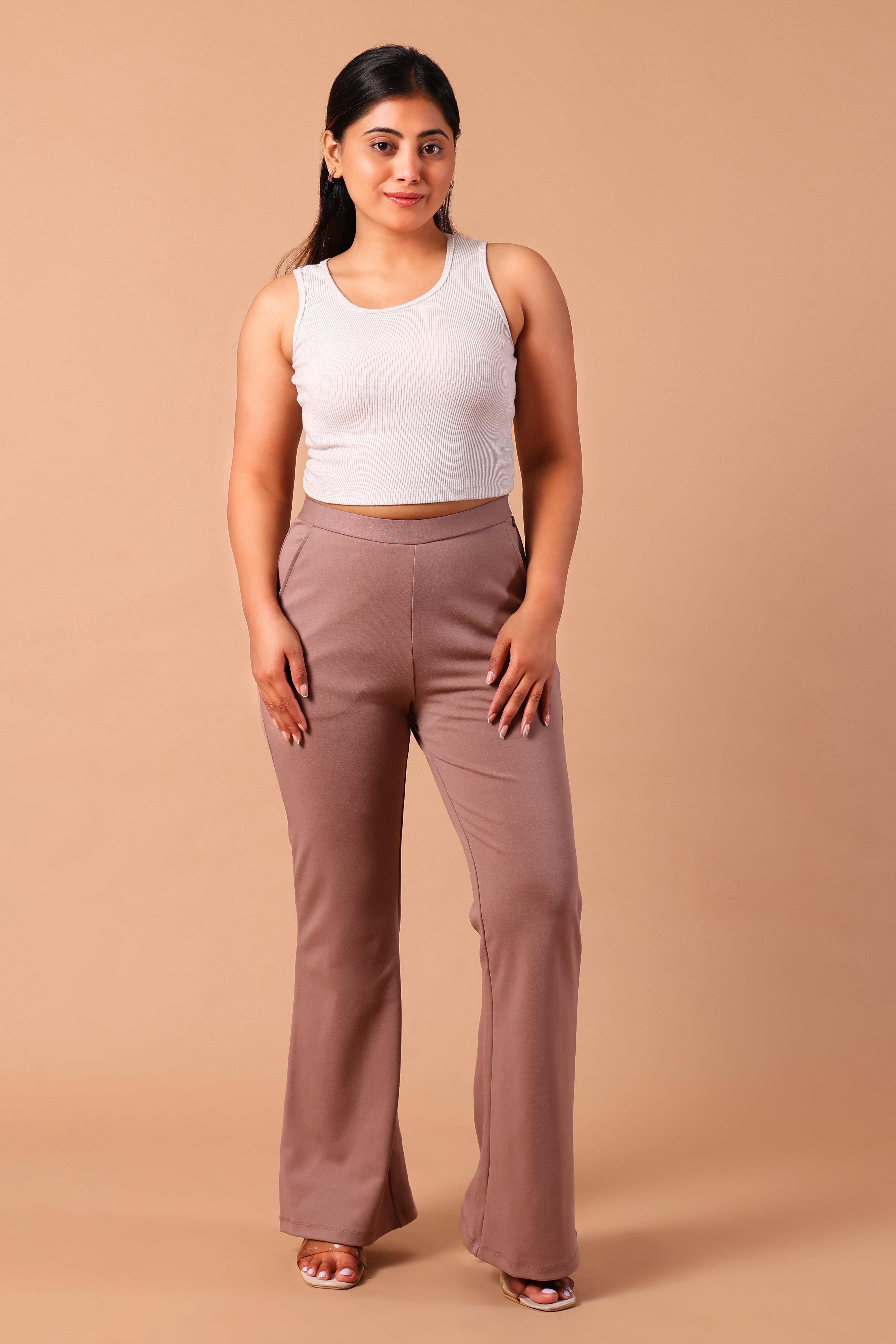 Women's Premium Knitted Mid-Rise 4-Way Stretch Flared Trousers (Beige)