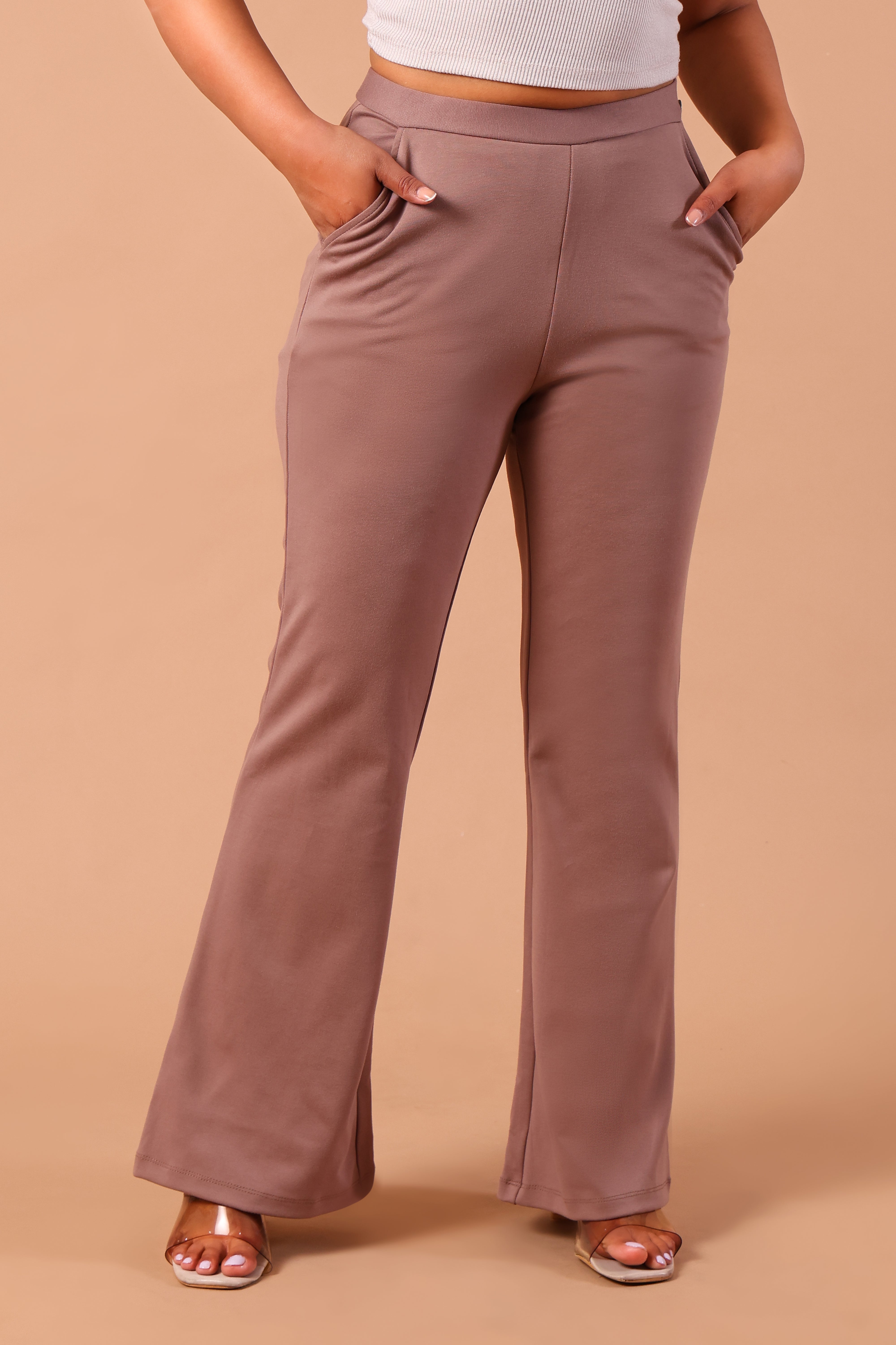 Women's Premium Knitted Mid-Rise 4-Way Stretch Flared Trousers (Beige)