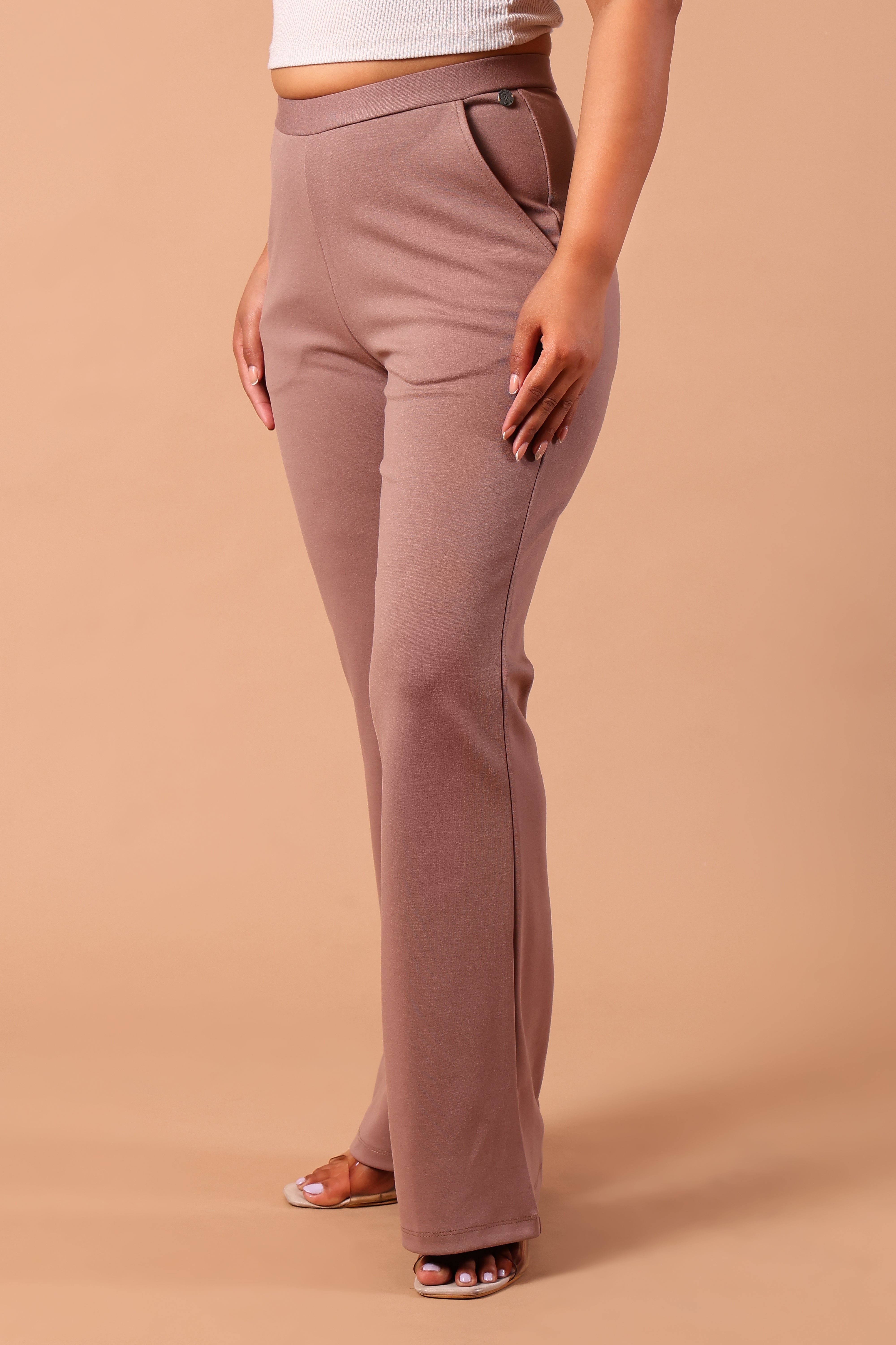 Women's Premium Knitted Mid-Rise 4-Way Stretch Flared Trousers (Beige)