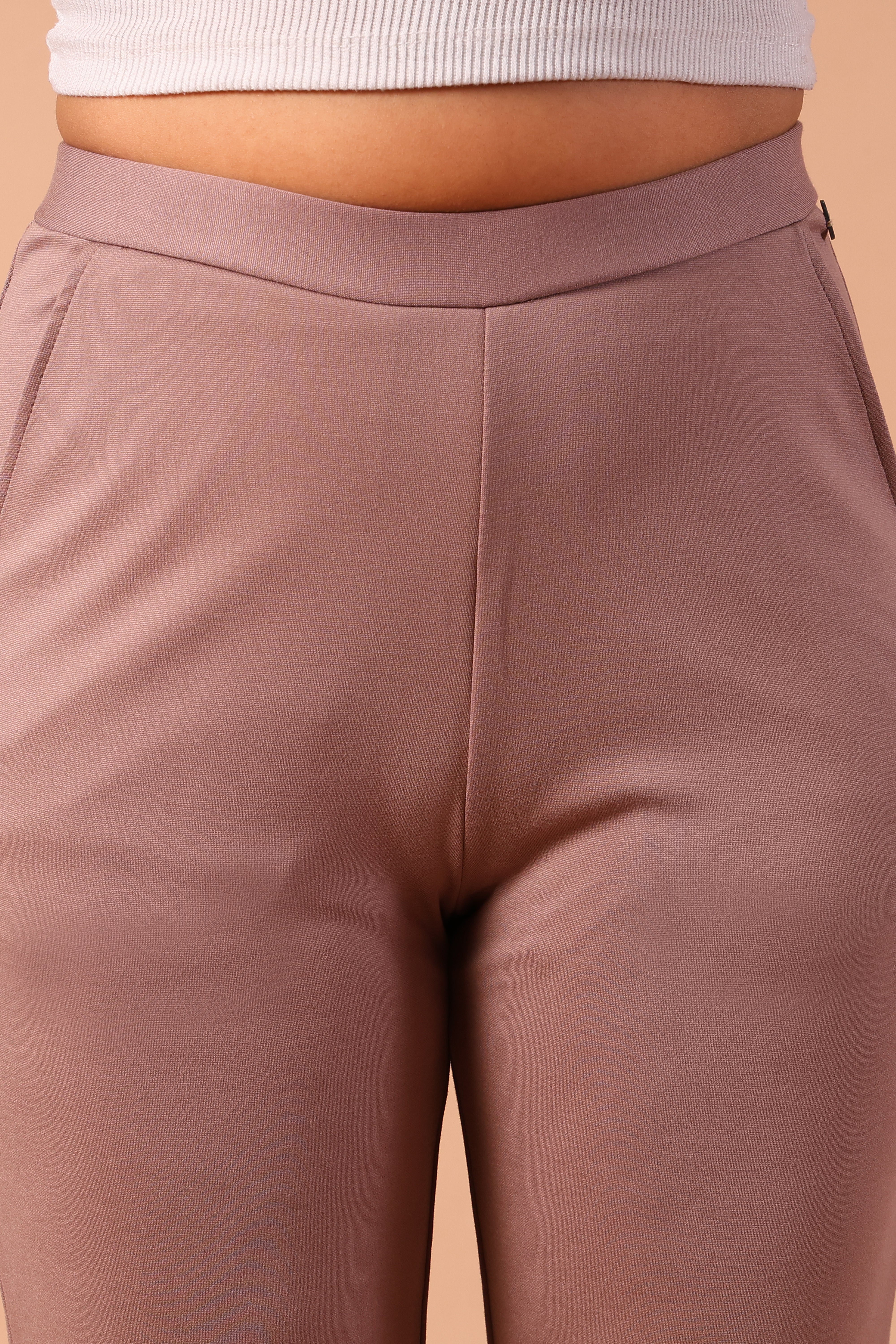 Women's Premium Knitted Mid-Rise 4-Way Stretch Flared Trousers (Beige)