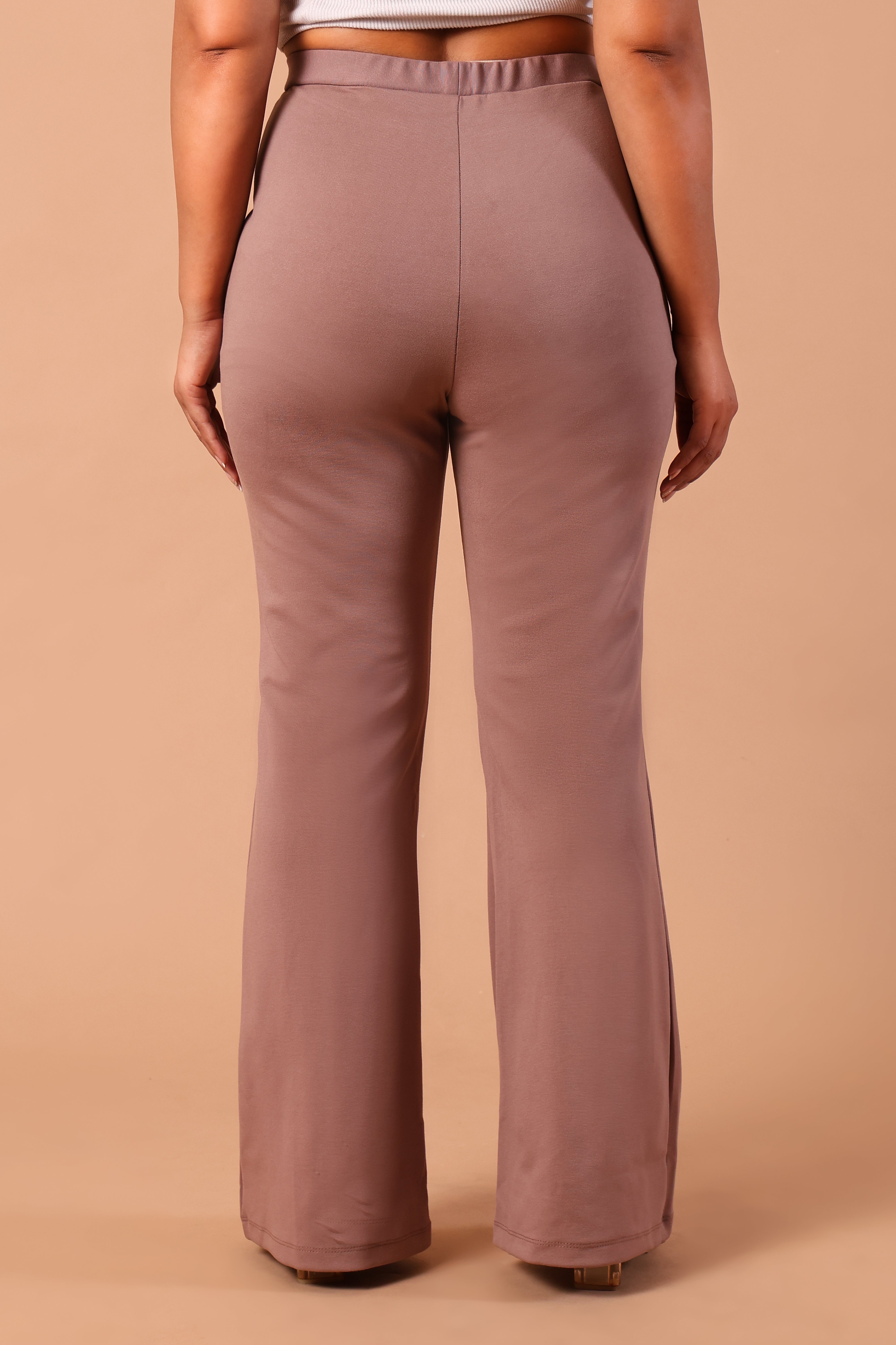 Women's Premium Knitted Mid-Rise 4-Way Stretch Flared Trousers (Beige)