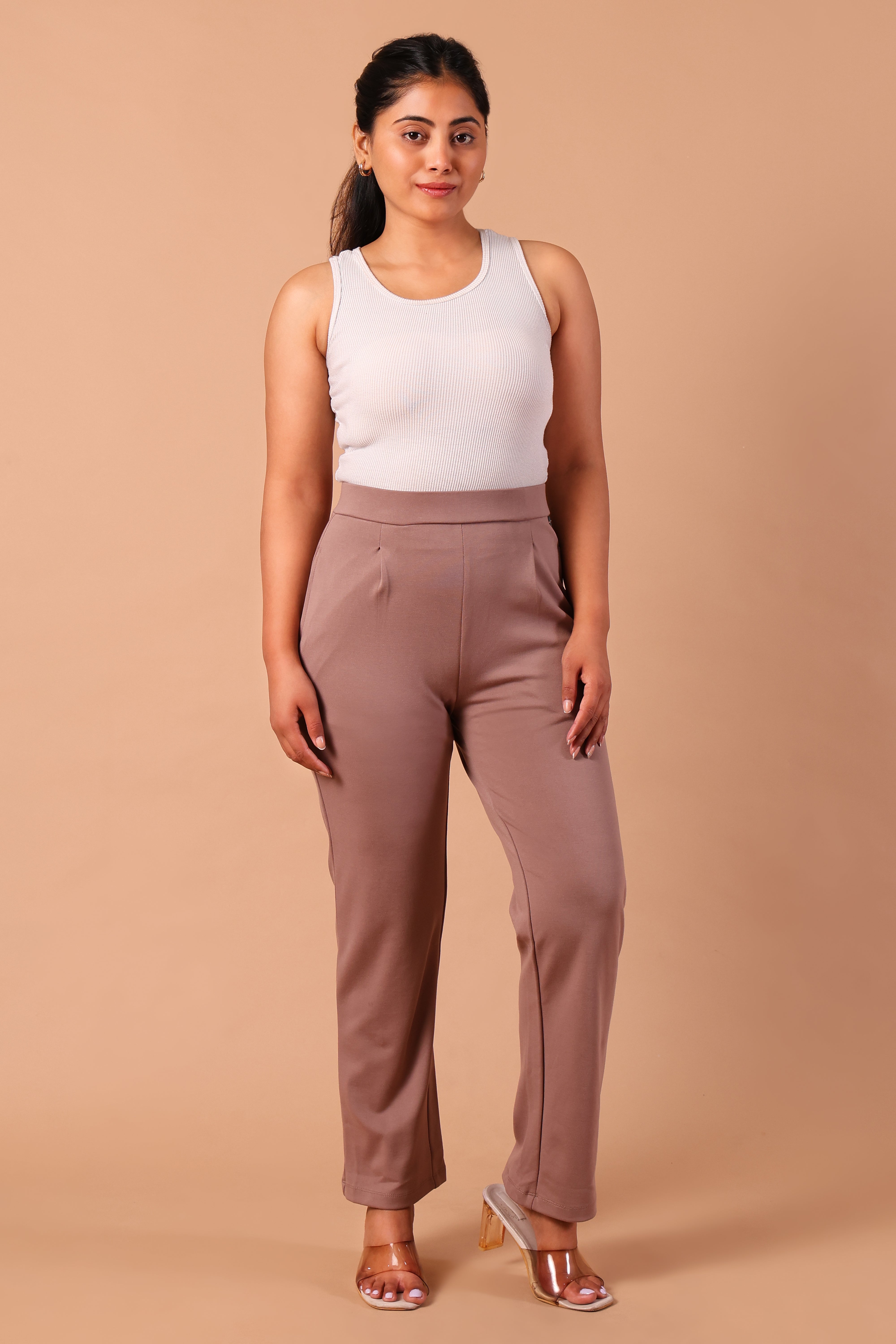 Women's Premium Knitted Levin Wide Leg Pull-Up Trousers (Beige)