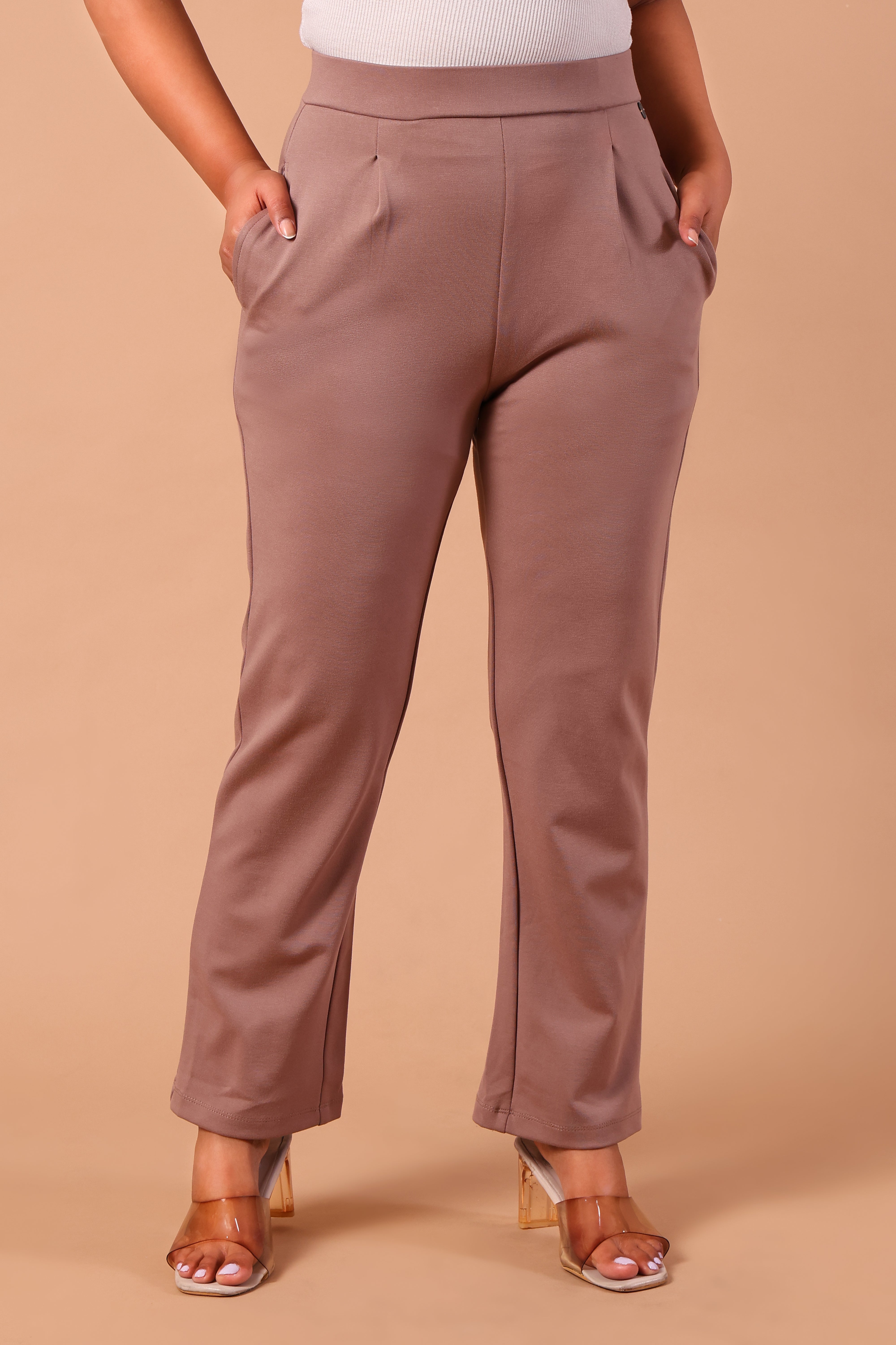 Women's Premium Knitted Levin Wide Leg Pull-Up Trousers (Beige)