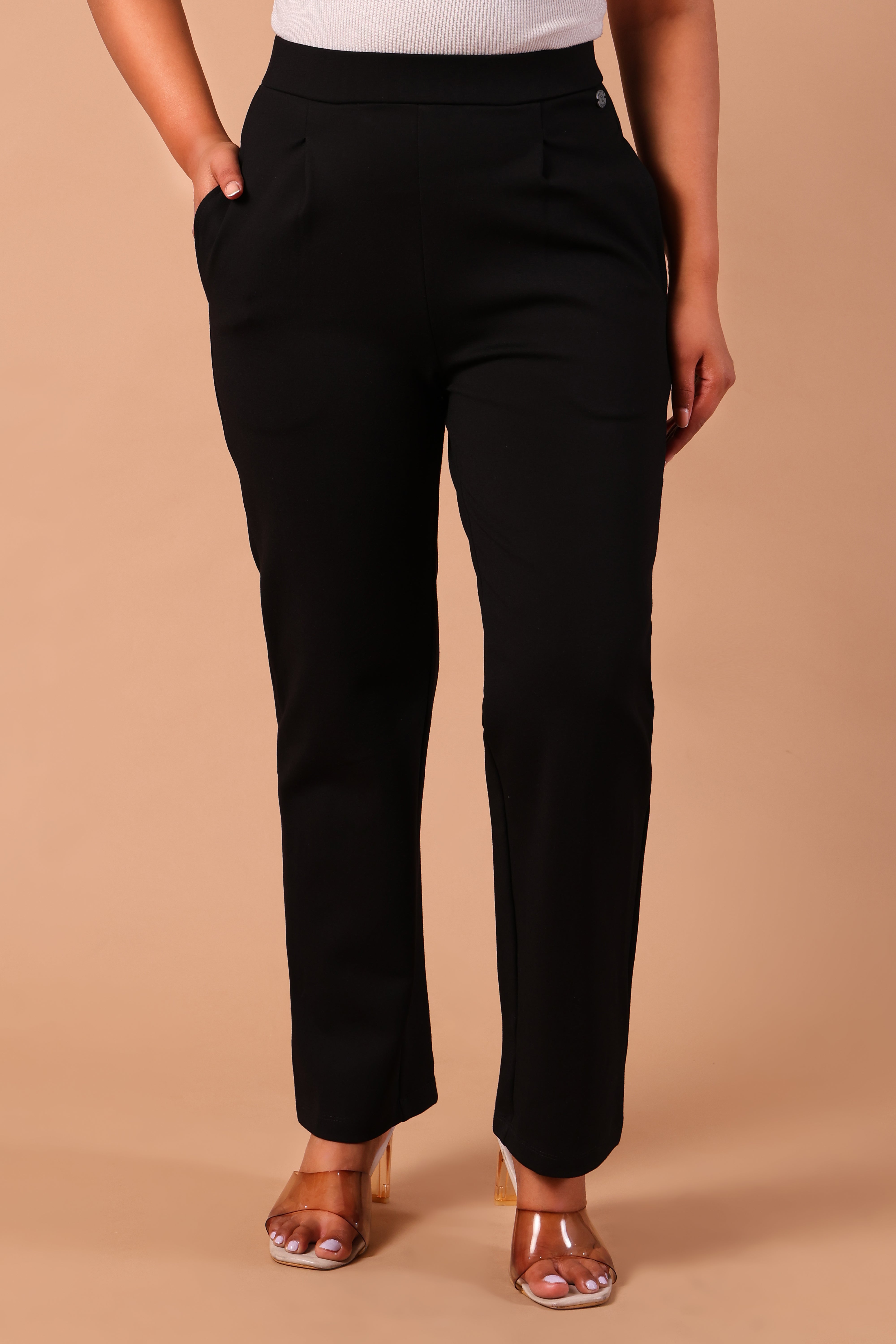 Women's Premium Knitted Levin Wide Leg Pull-Up Trousers (Navy)
