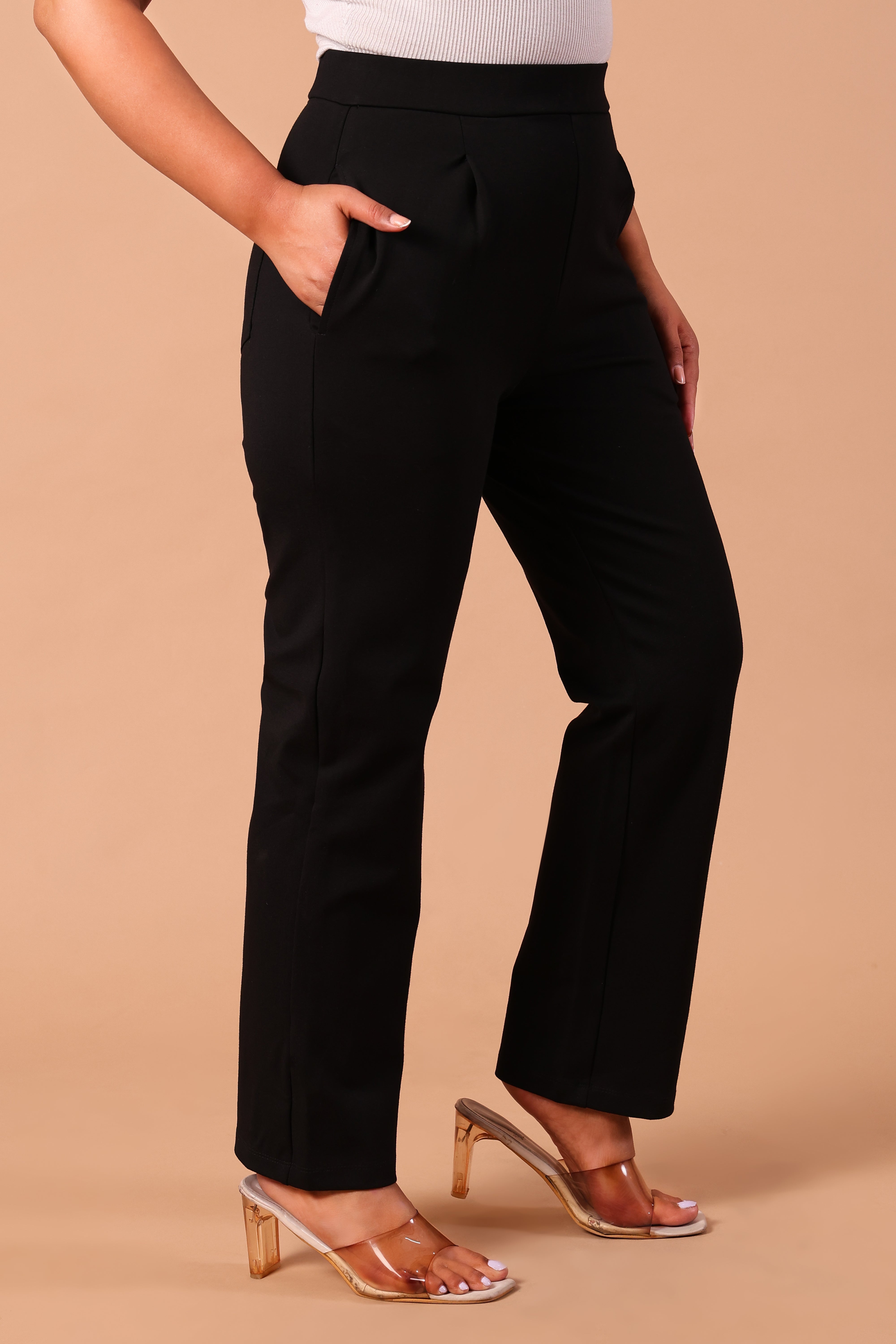 Women's Premium Knitted Levin Wide Leg Pull-Up Trousers (Navy)