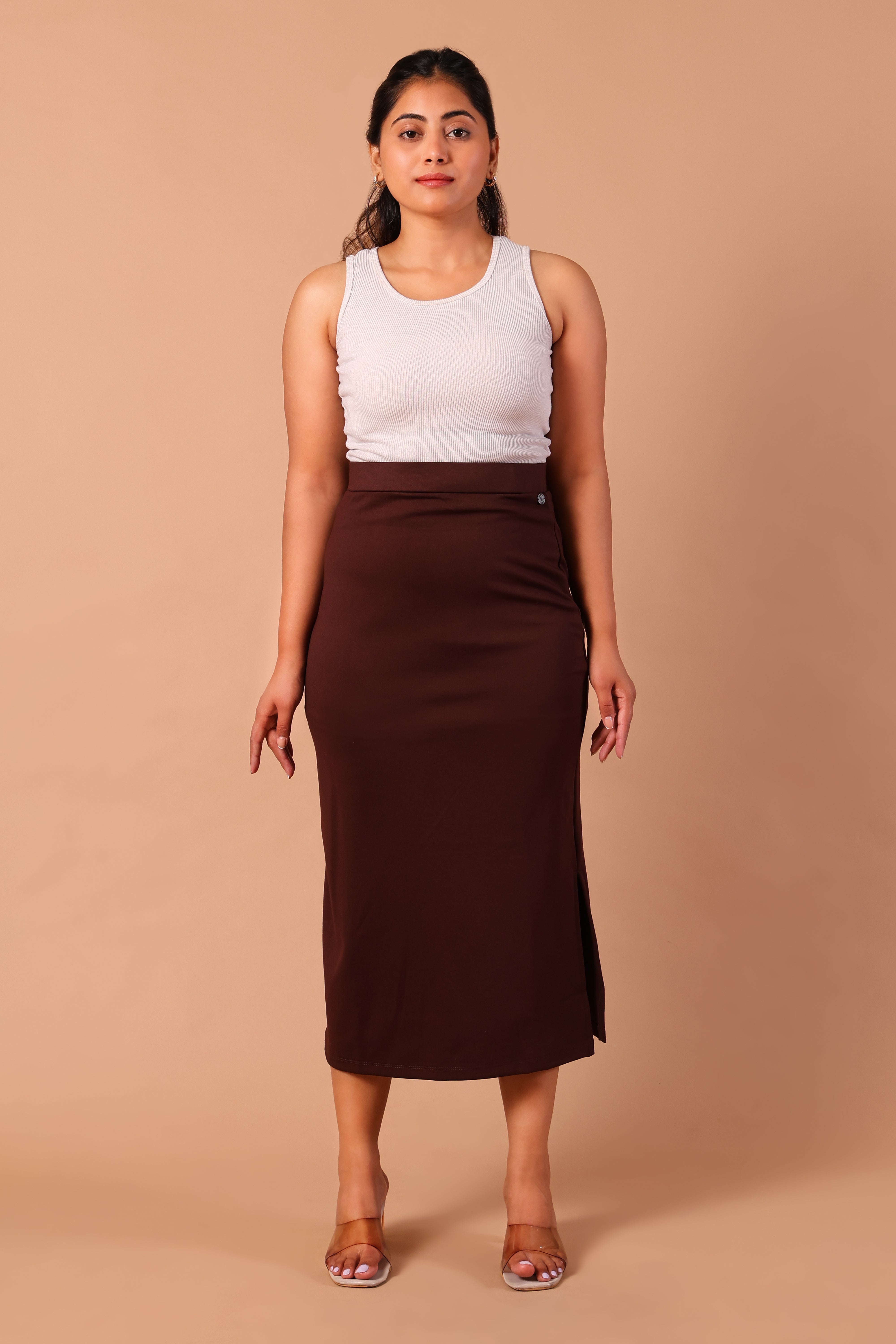 Women's Premium Knitted Levin Side Slit Formal Midi Skirt (Wine)