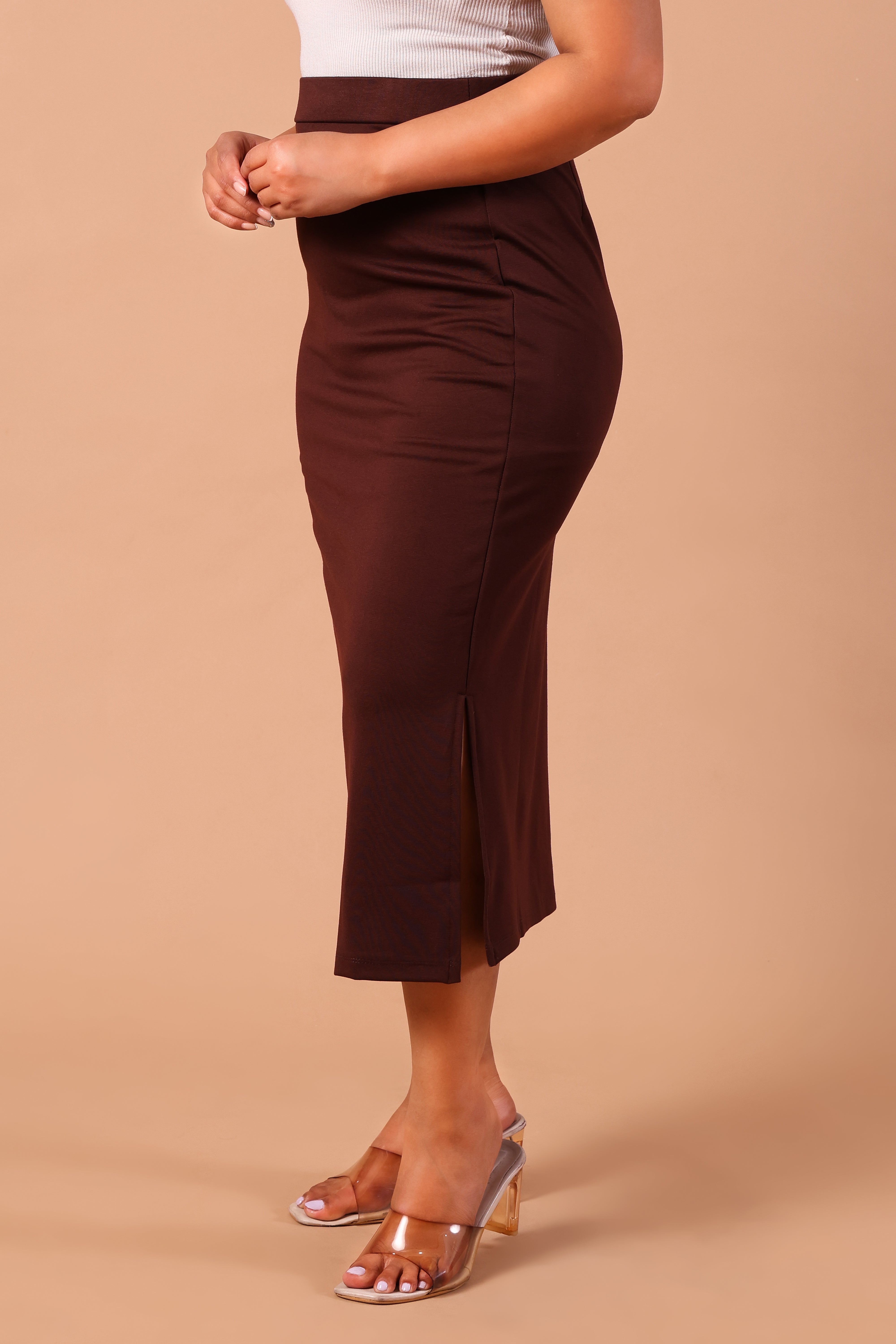 Women's Premium Knitted Levin Side Slit Formal Midi Skirt (Wine)