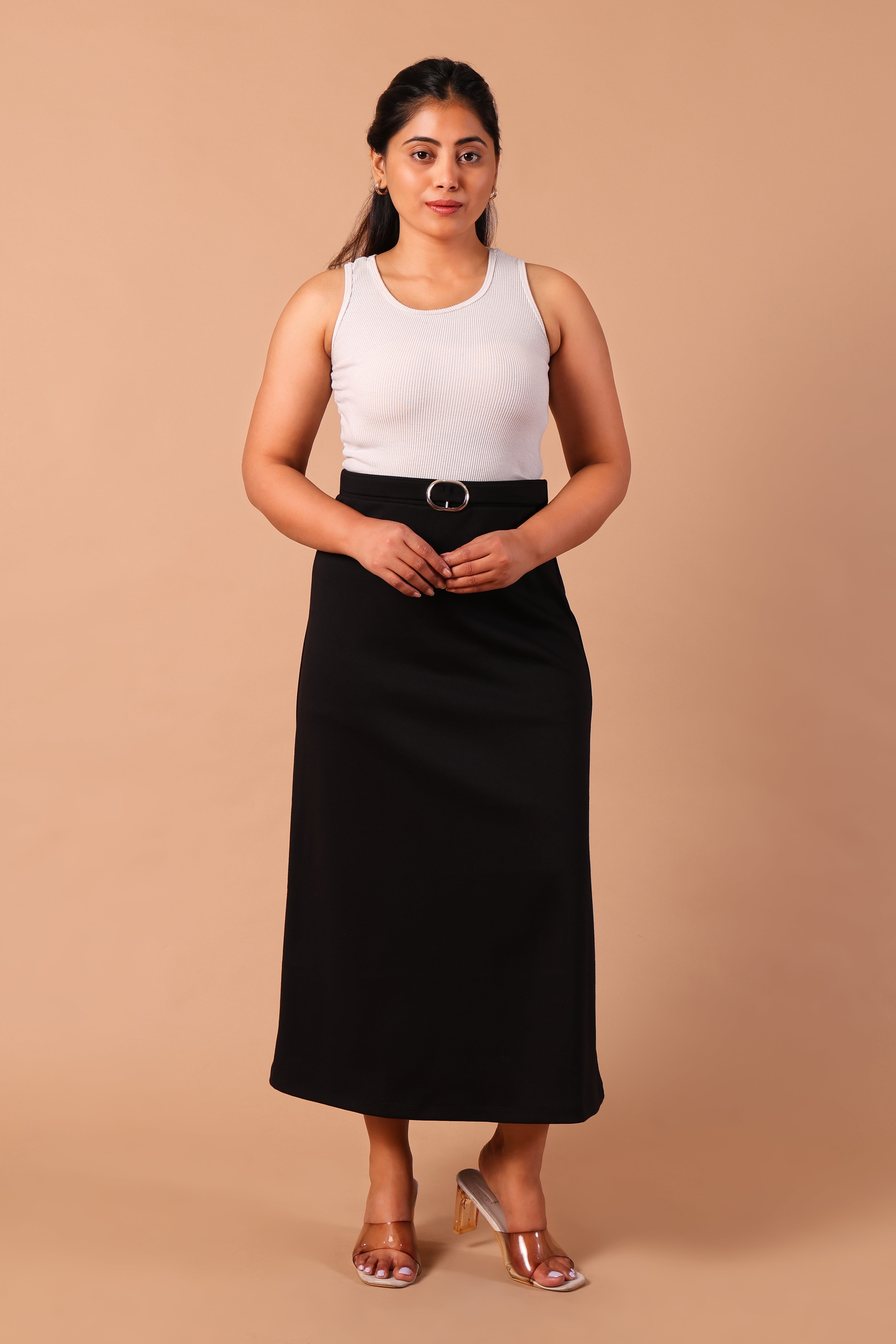 Women's Premium Knitted A-Line Midi Skirt (Black)
