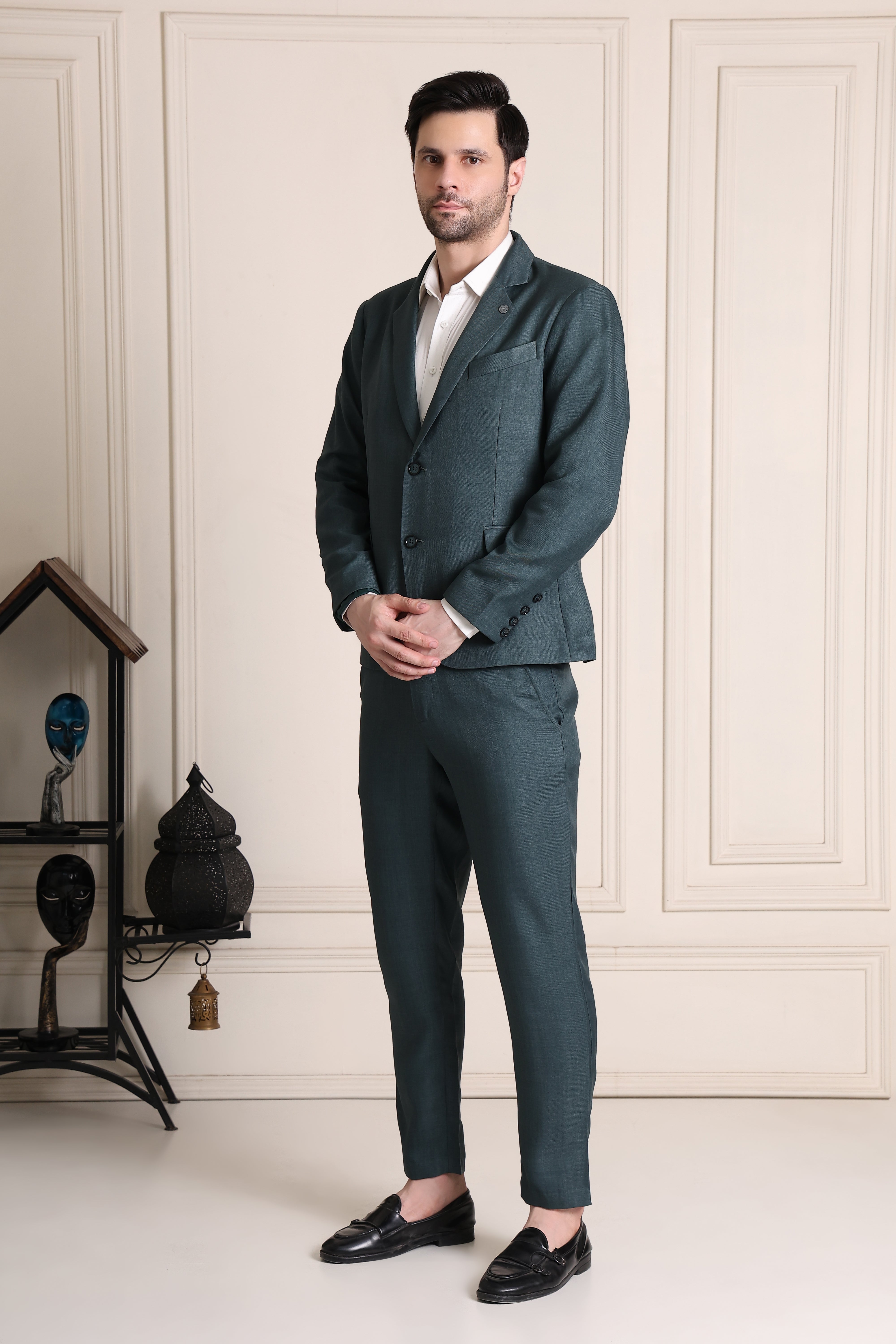 Men Slim Fit Formal 2 Piece Suit-Green