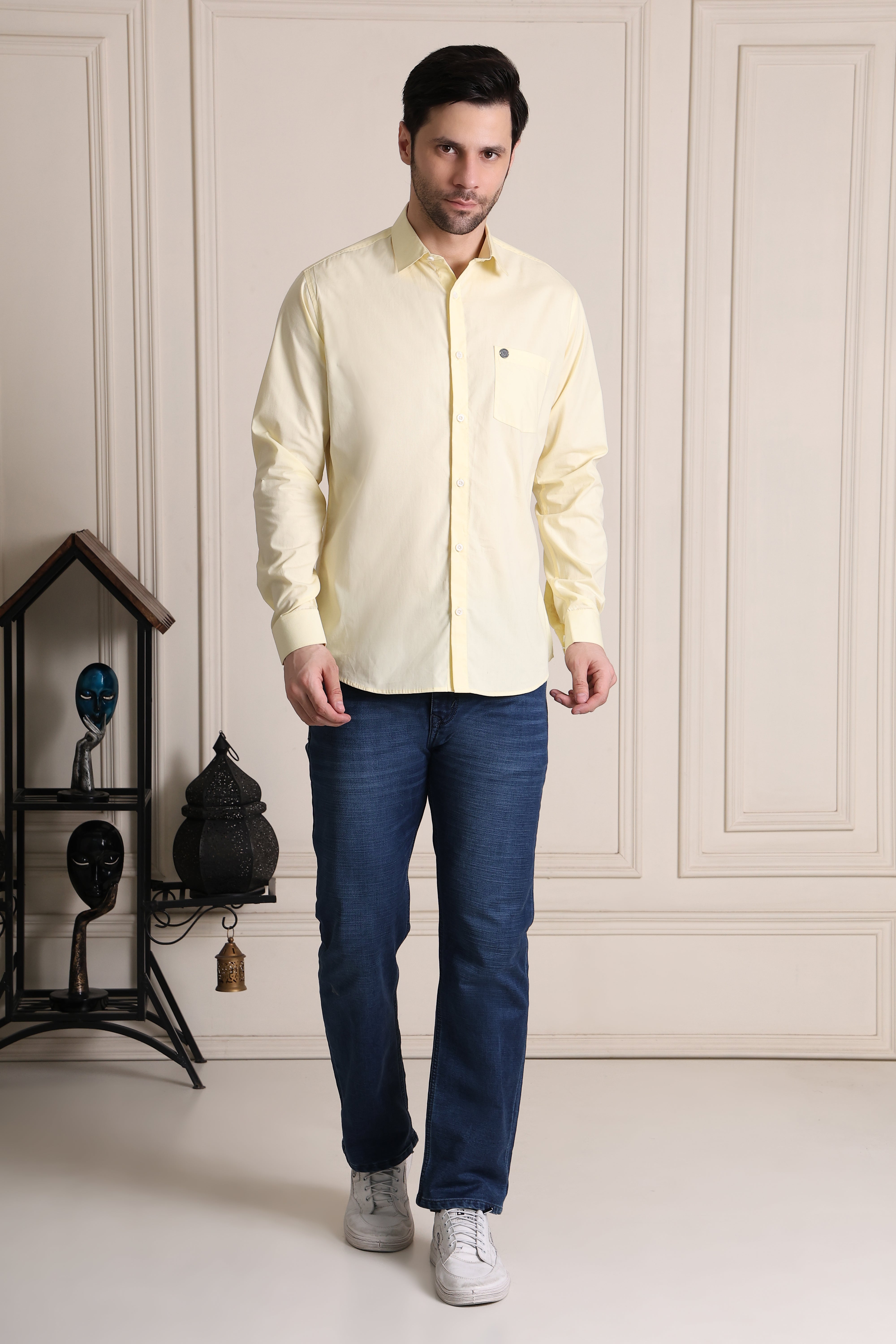 Men's Premium Pure Cotton Slim Fit Solid Lemon Shirt