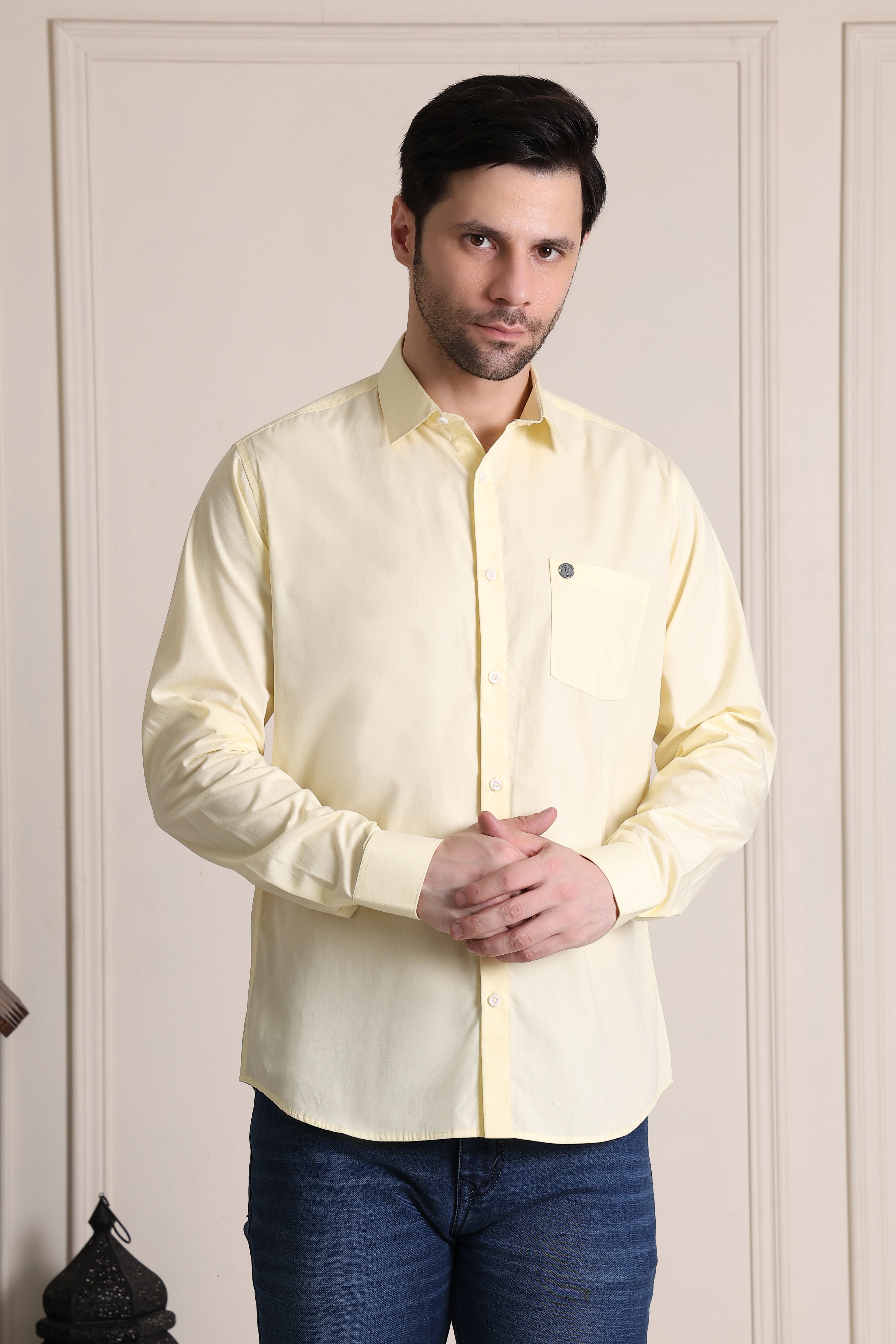 Men's Premium Pure Cotton Slim Fit Solid Lemon Shirt