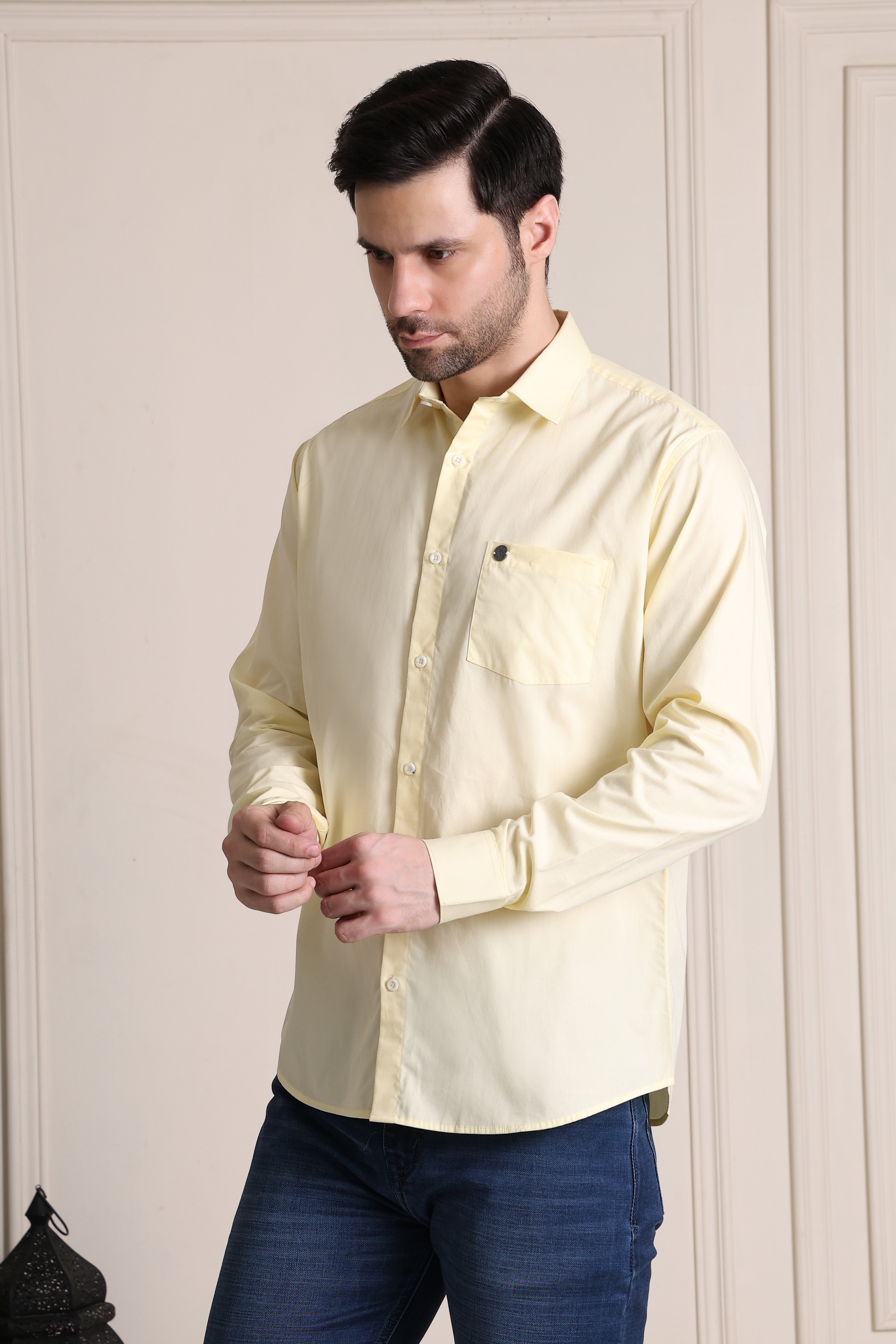 Men's Premium Pure Cotton Slim Fit Solid Lemon Shirt