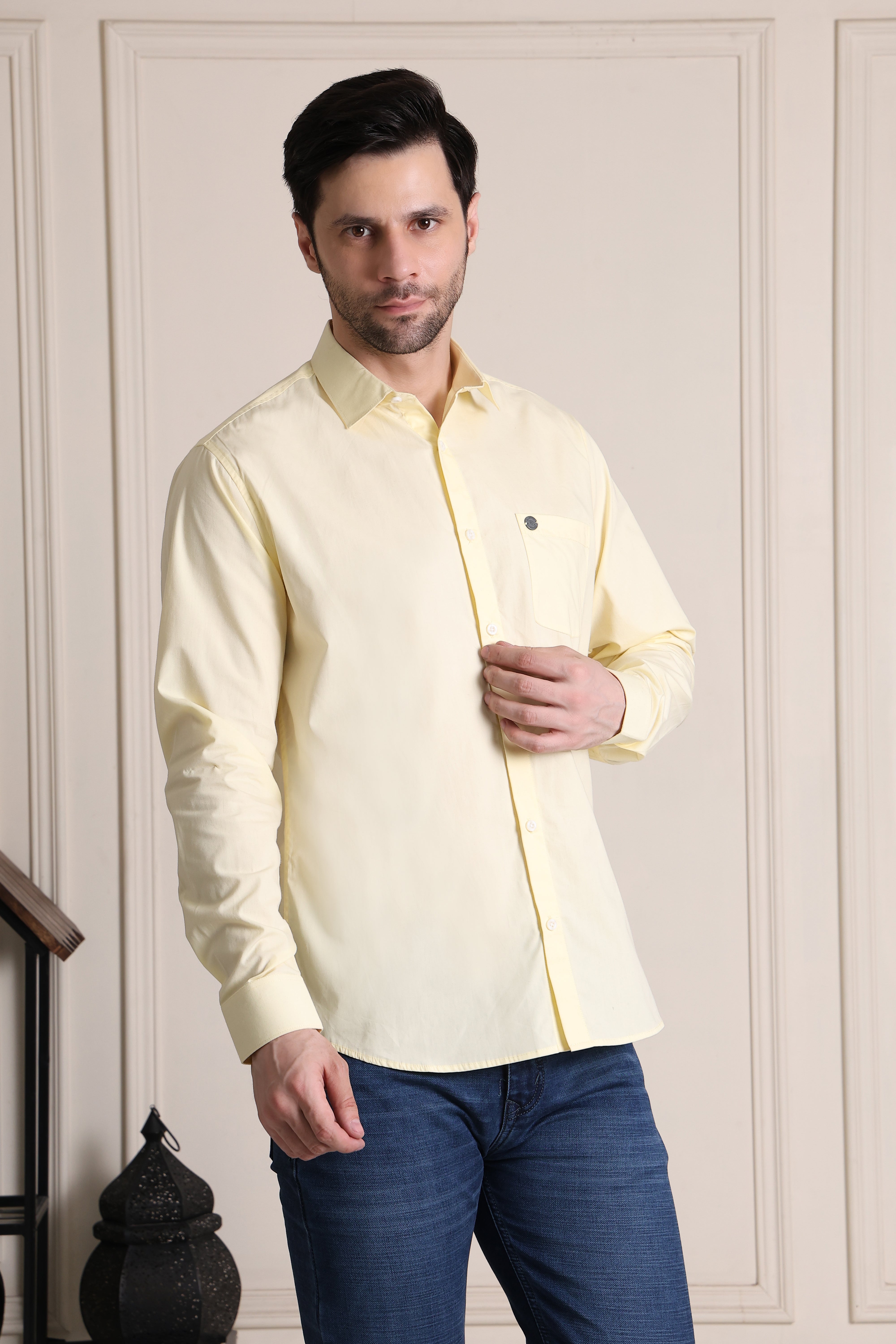 Men's Premium Pure Cotton Slim Fit Solid Lemon Shirt