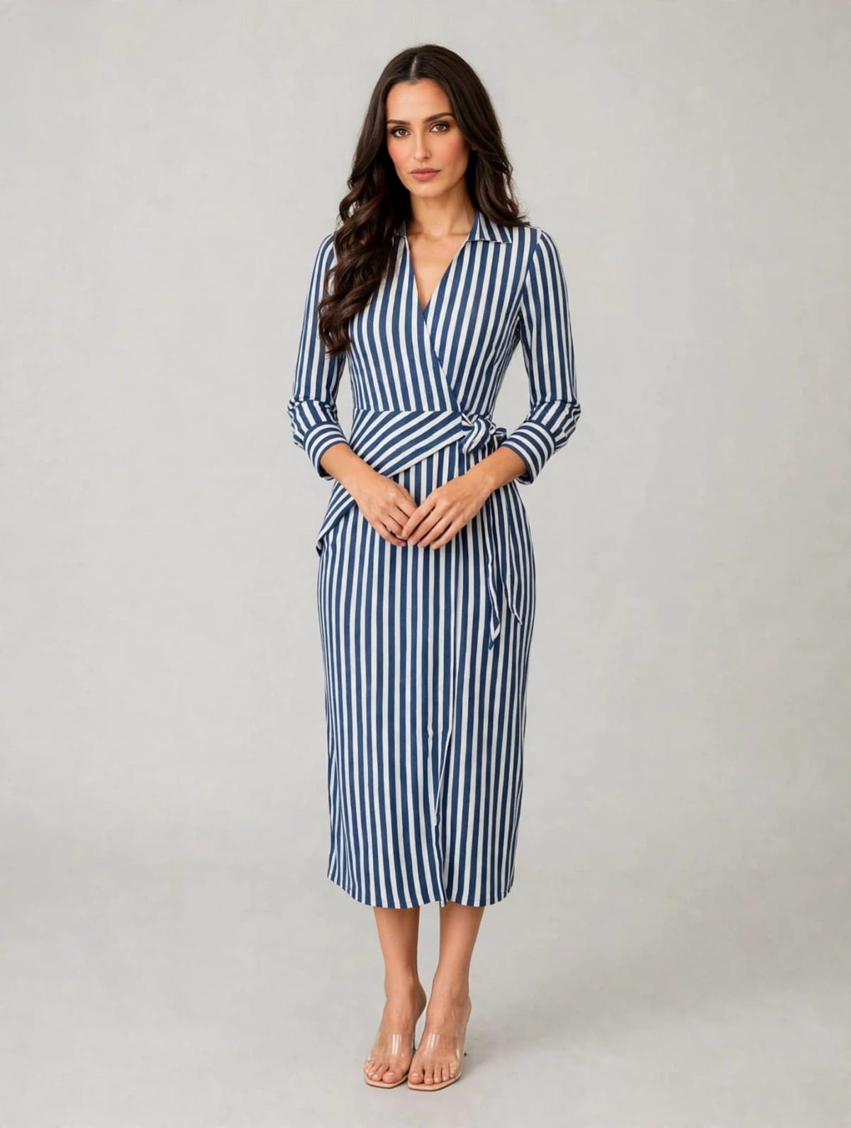 Long Sleeves A-Line Wrap Dress- White-Navy
