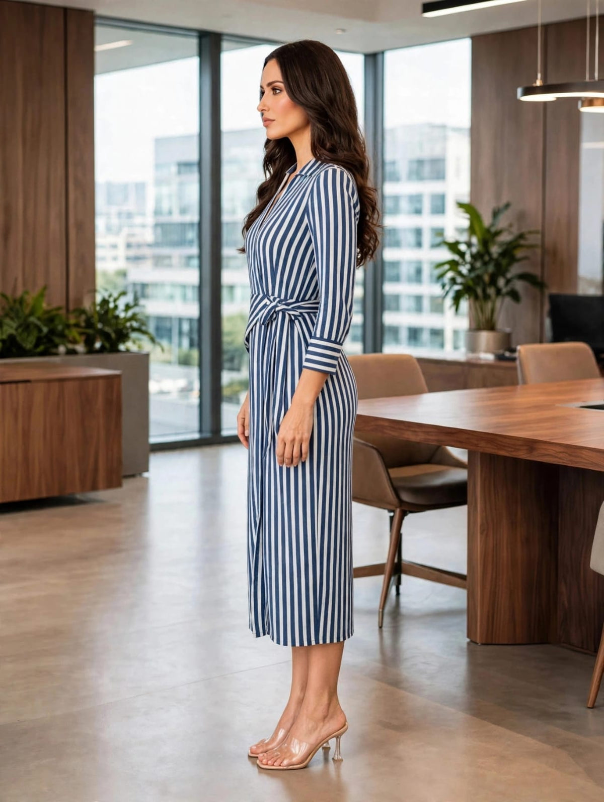 Long Sleeves A-Line Wrap Dress- White-Navy