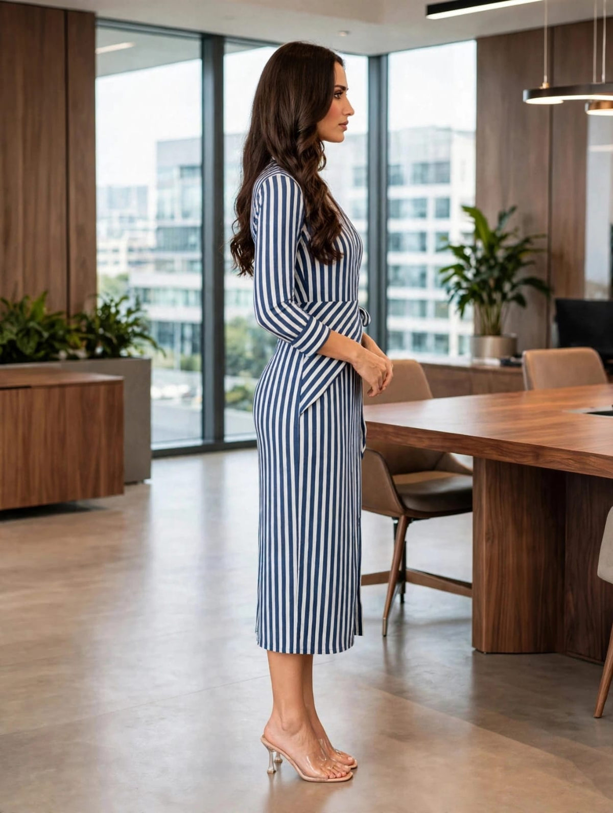 Long Sleeves A-Line Wrap Dress- White-Navy