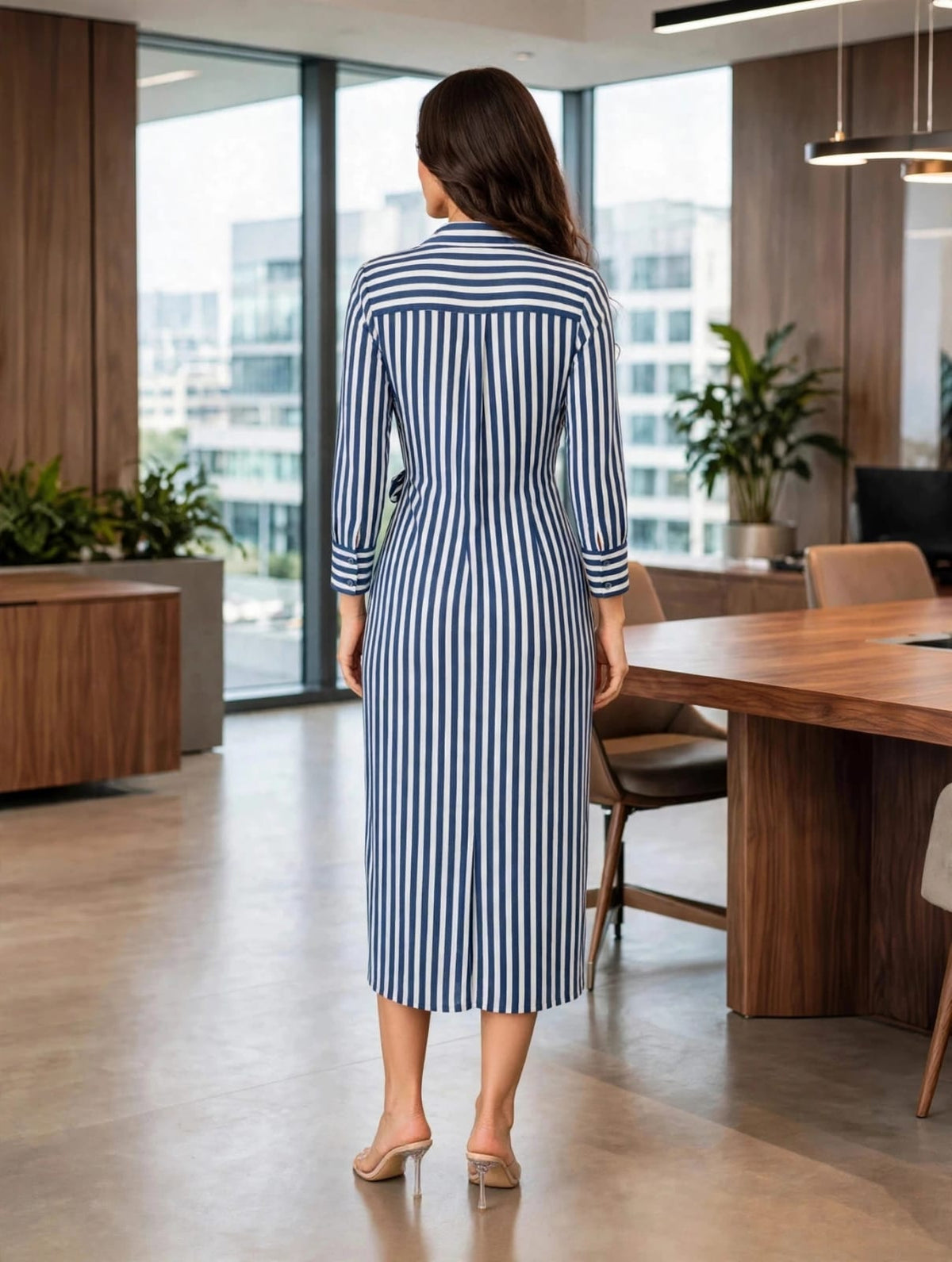 Long Sleeves A-Line Wrap Dress- White-Navy