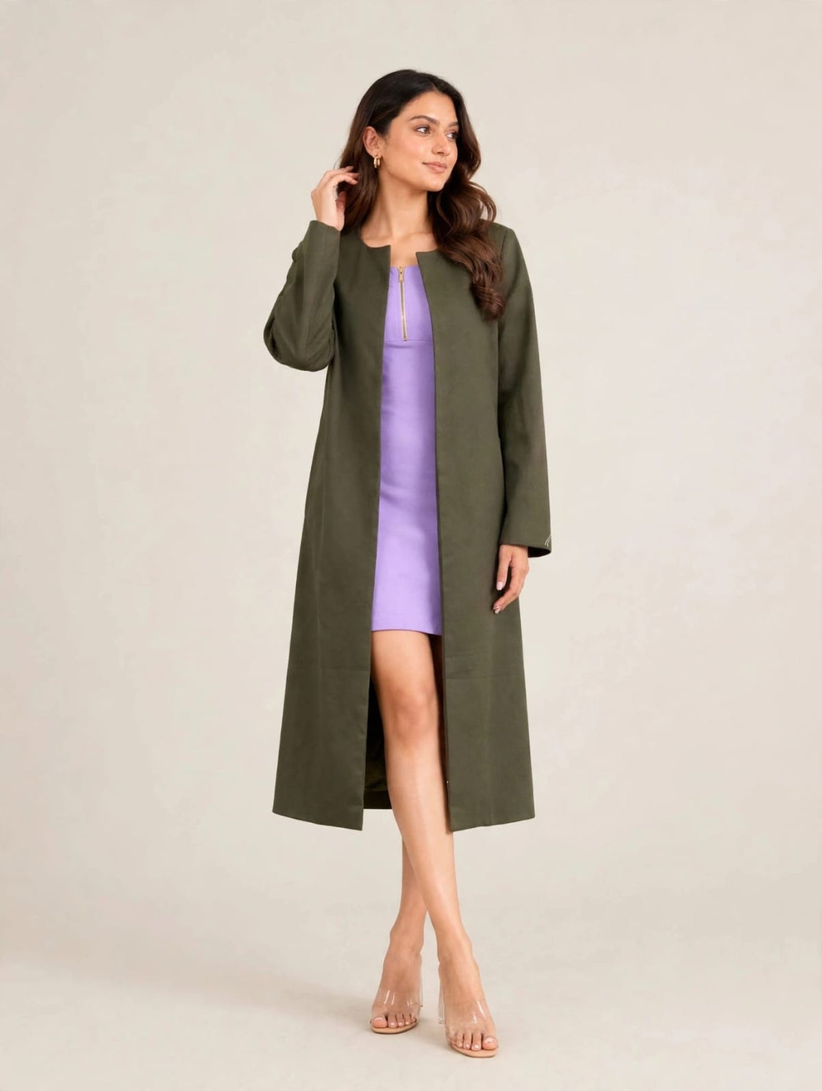 Women’s Open Front Long Coat- Olive Green