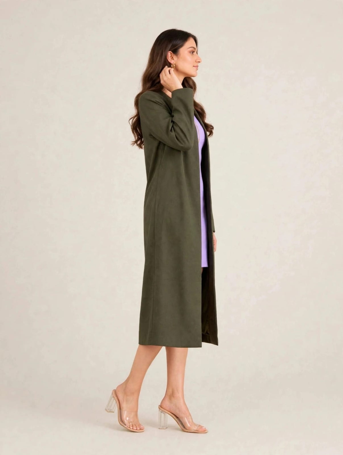 Women’s Open Front Long Coat- Olive Green
