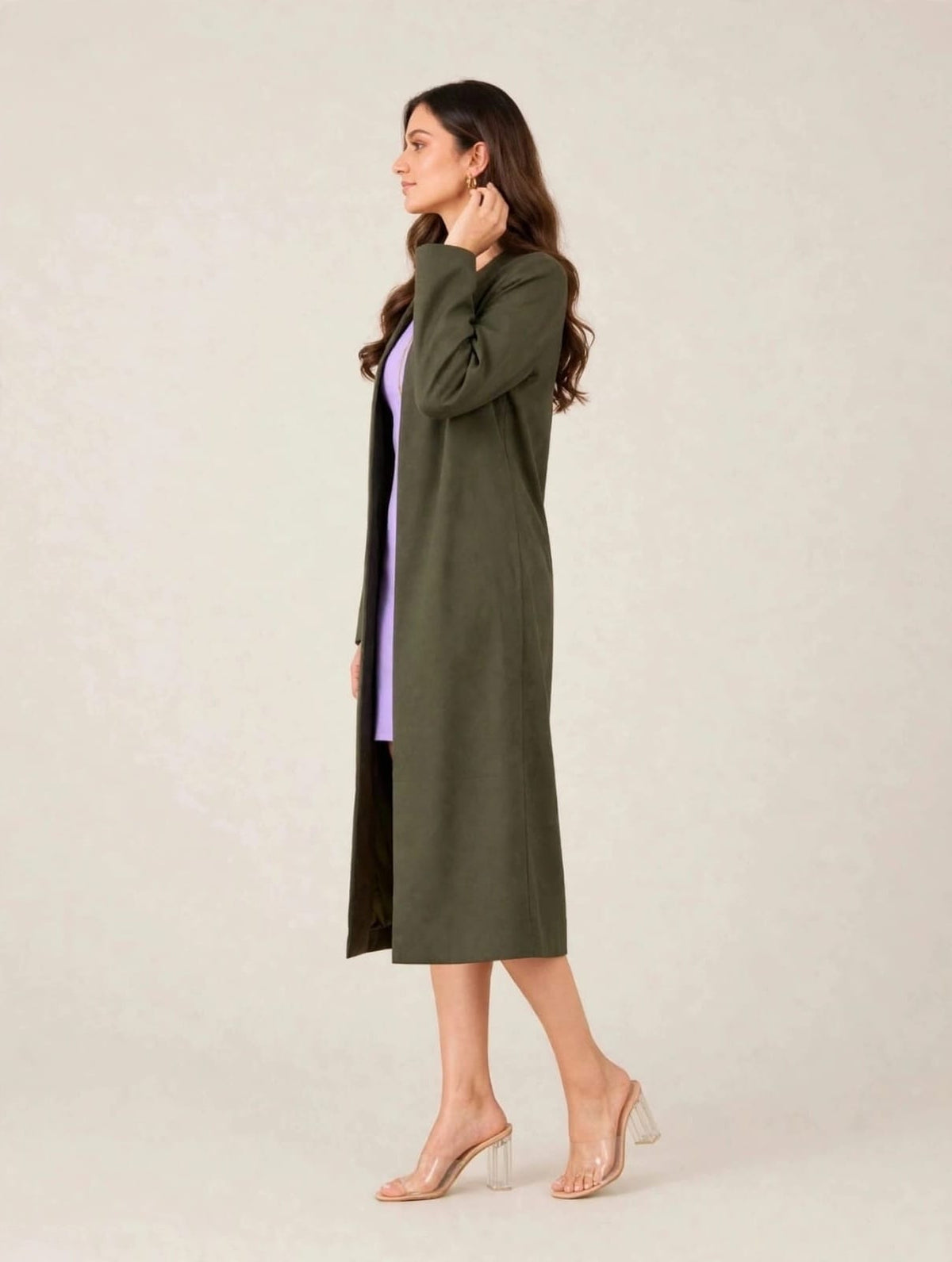 Women’s Open Front Long Coat- Olive Green
