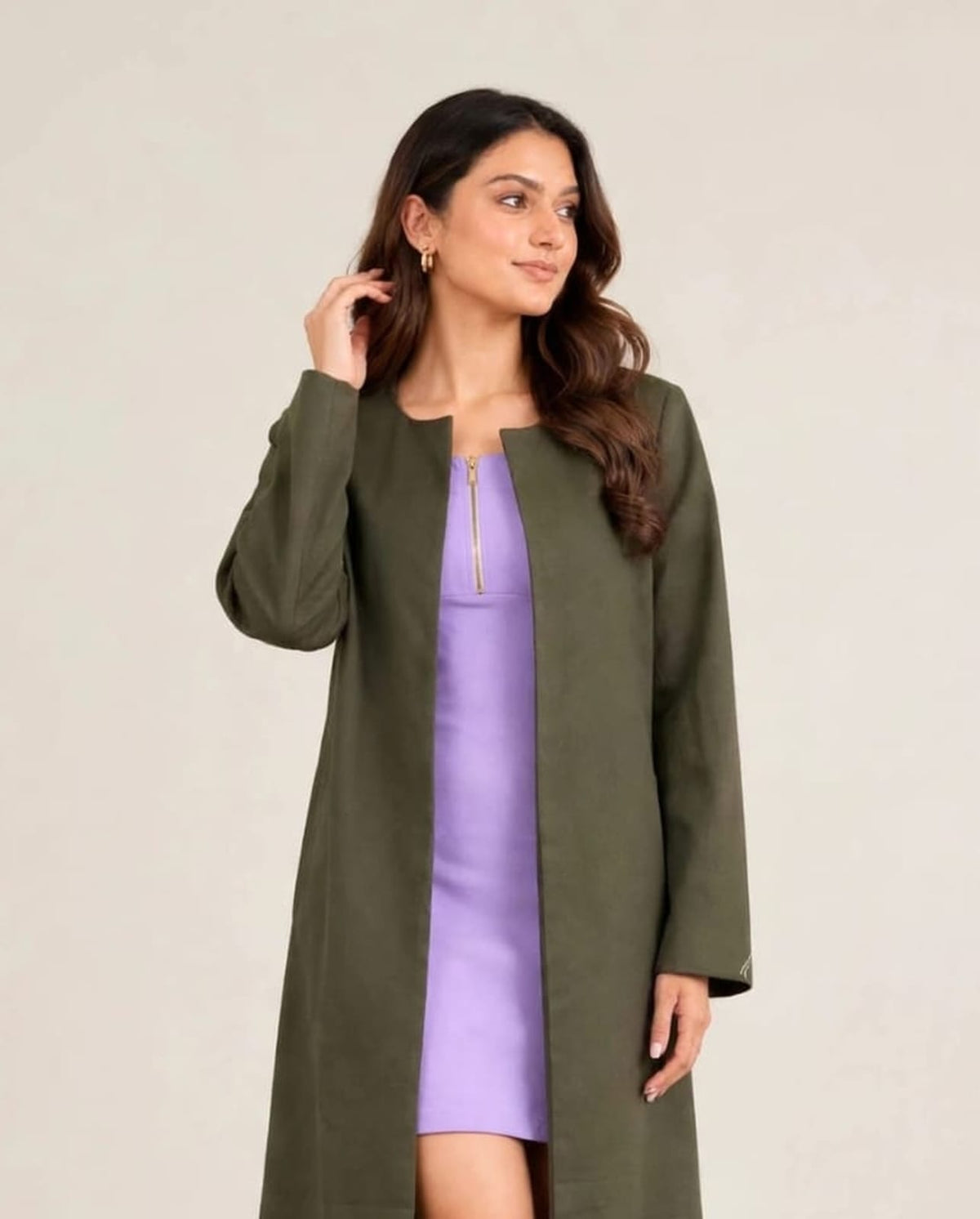 Women’s Open Front Long Coat- Olive Green