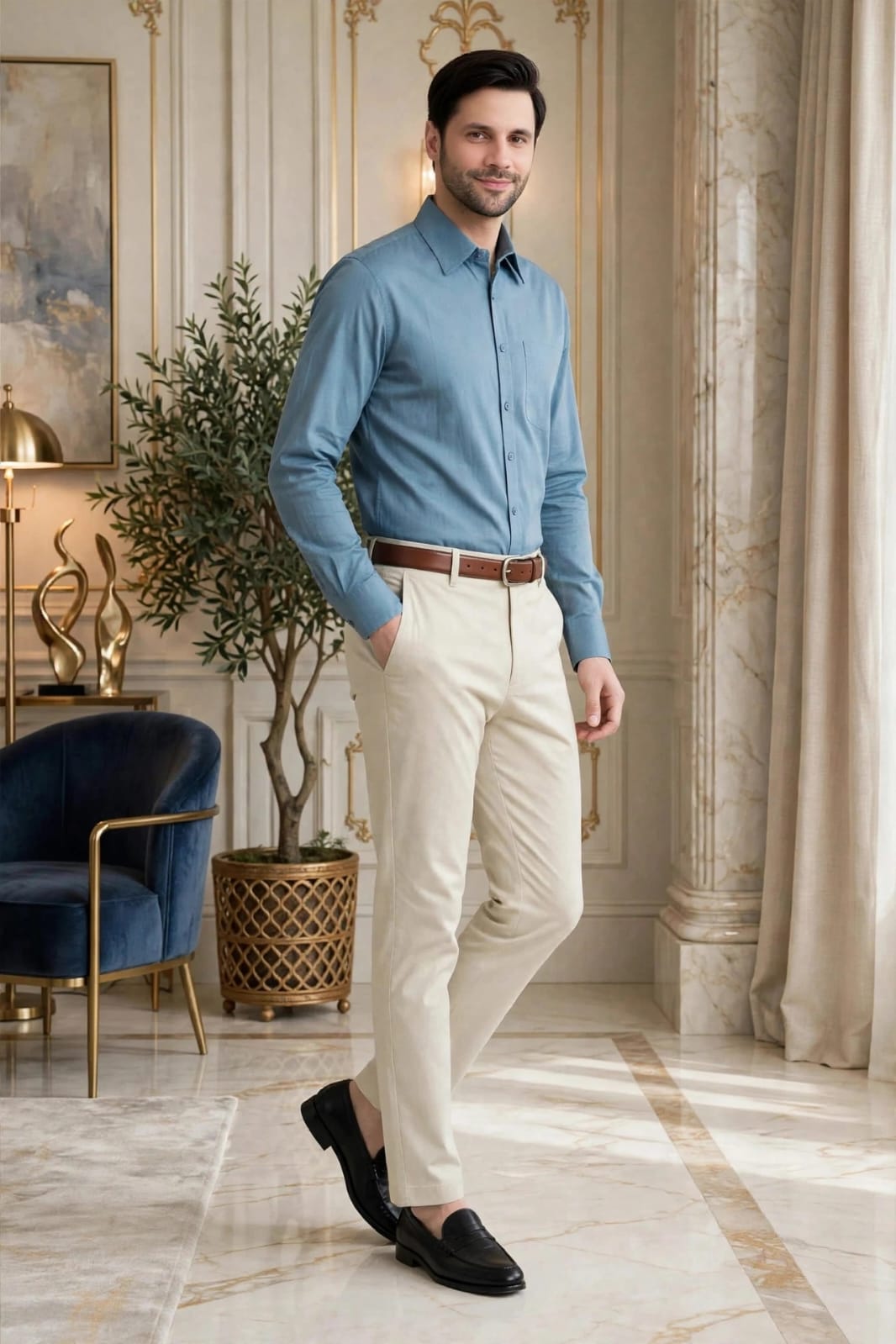 Men’s Beige Solid Slim Fit Formal Trouser
