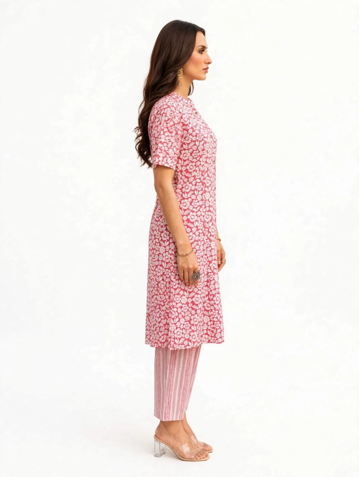Women’s Cotton Printed Kurta-Set-White- Pink- Print