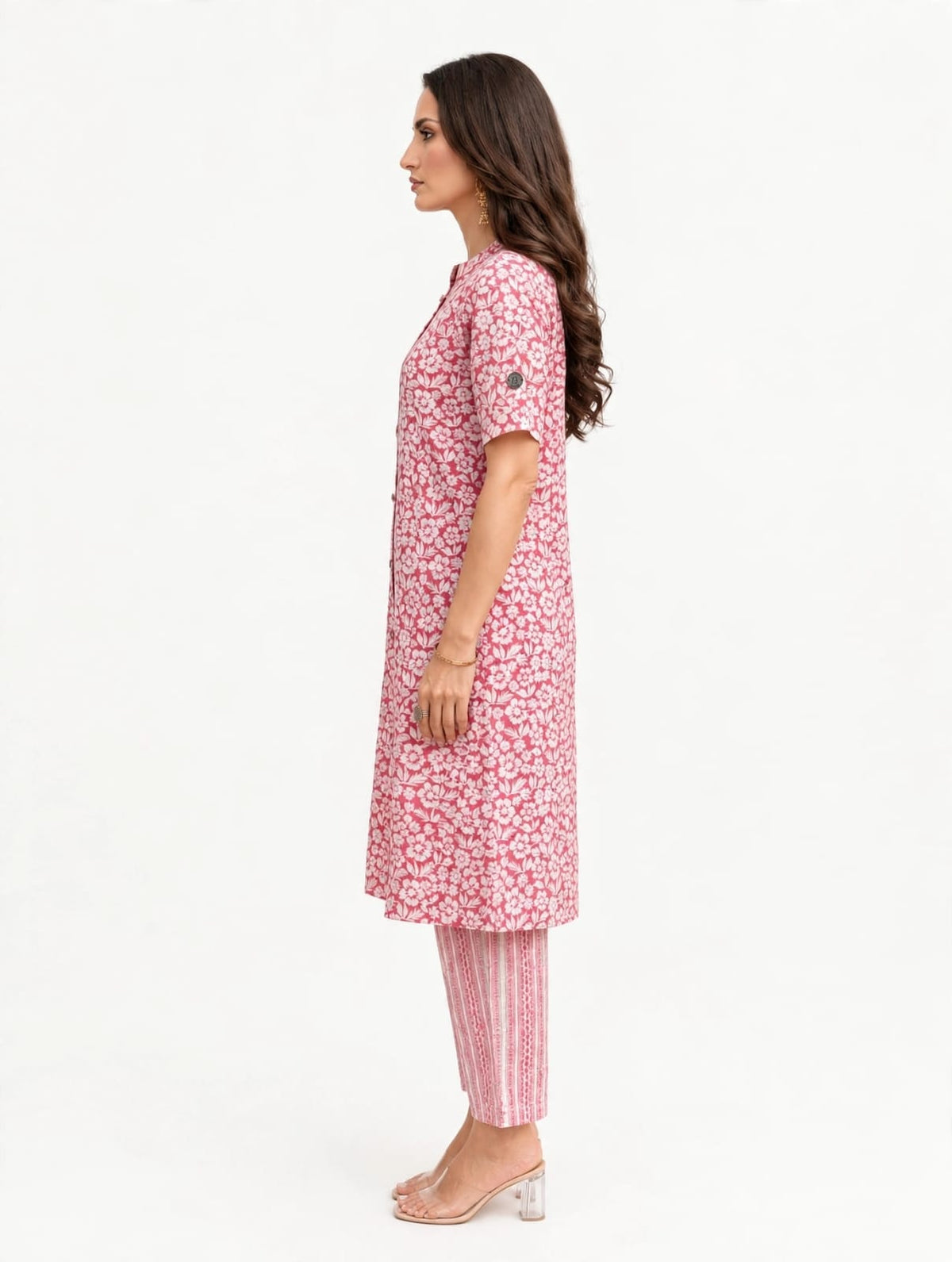 Women’s Cotton Printed Kurta-Set-White- Pink- Print
