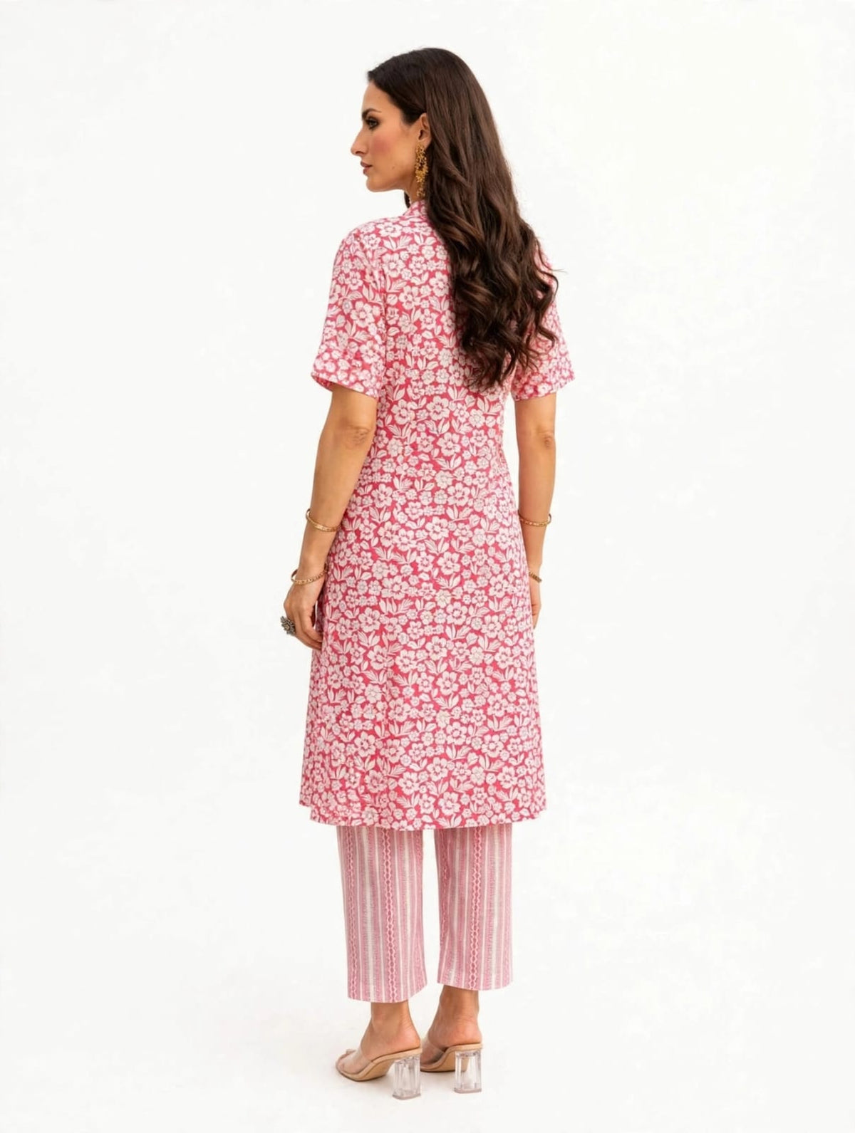 Women’s Cotton Printed Kurta-Set-White- Pink- Print