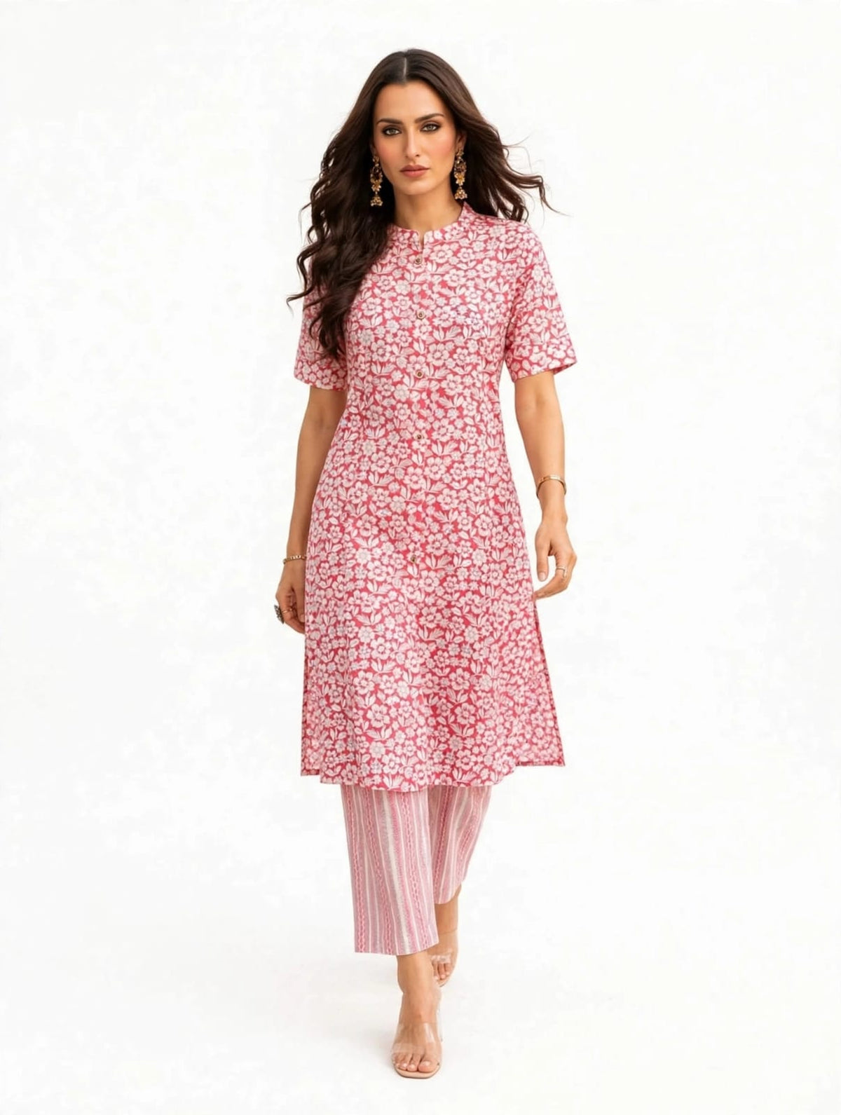 Women’s Cotton Printed Kurta-Set-White- Pink- Print