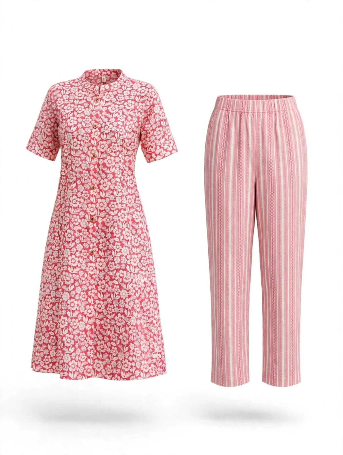 Women’s Cotton Printed Kurta-Set-White- Pink- Print