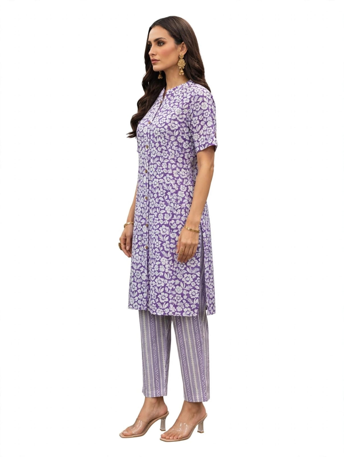 Women’s Cotton Printed Kurta-Set- White- Turquoise-Print