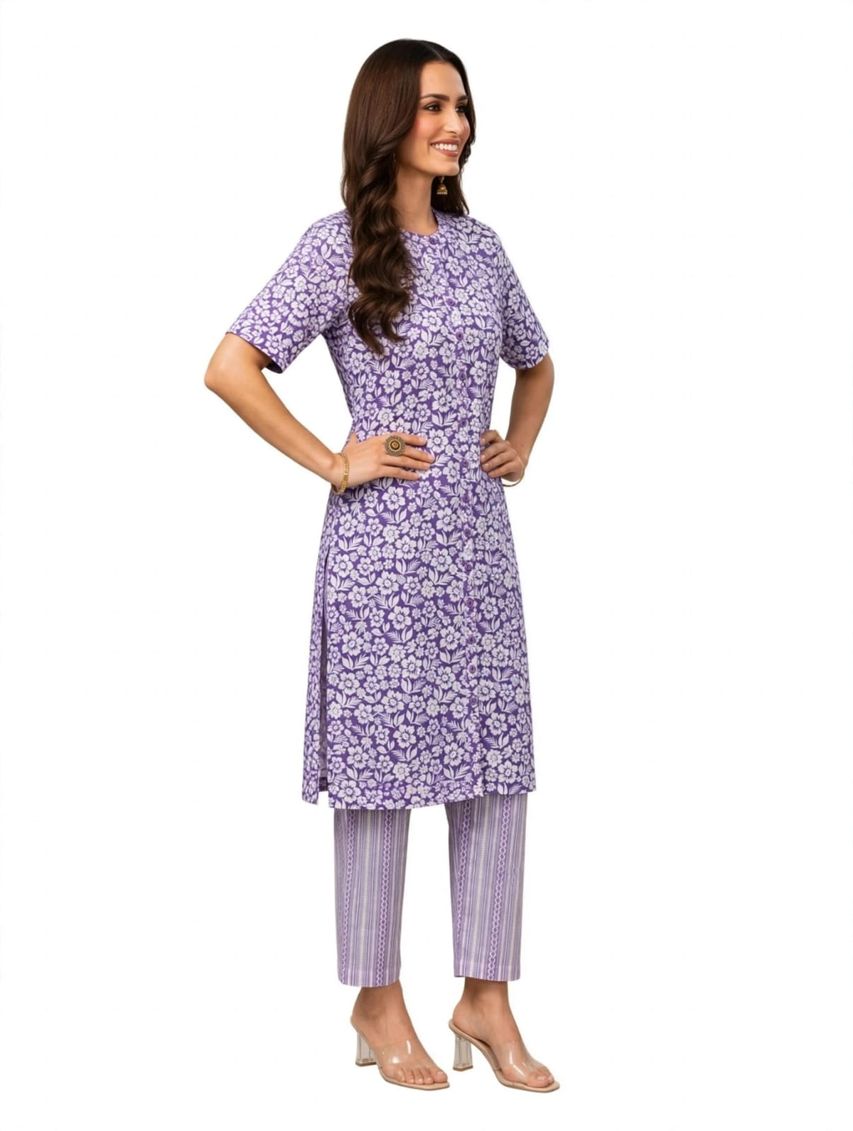 Women’s Cotton Printed Kurta-Set- White- Turquoise-Print