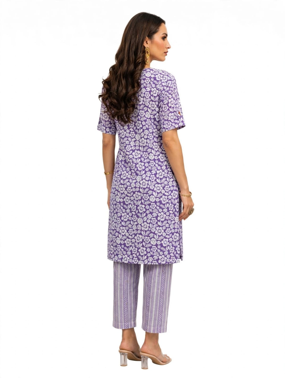 Women’s Cotton Printed Kurta-Set- White- Turquoise-Print