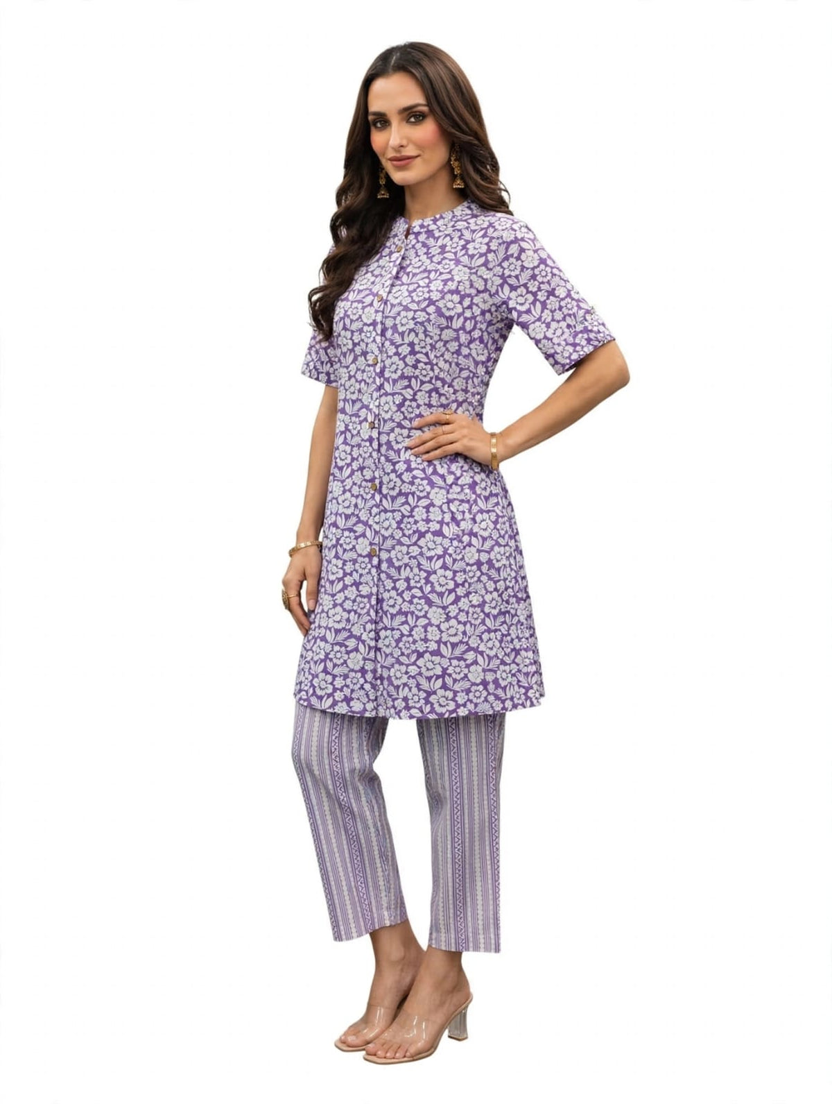 Women’s Cotton Printed Kurta-Set- White- Turquoise-Print