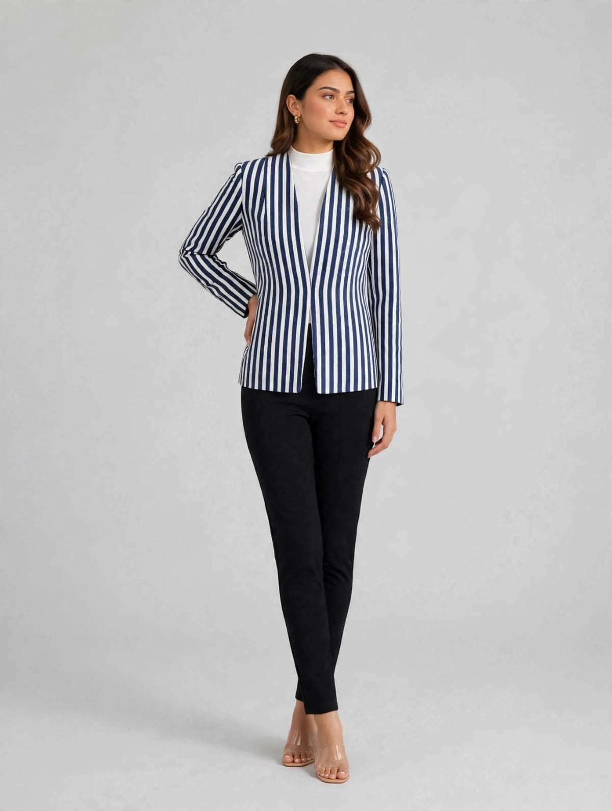 Women's White & Navy Stripe Power Blazer